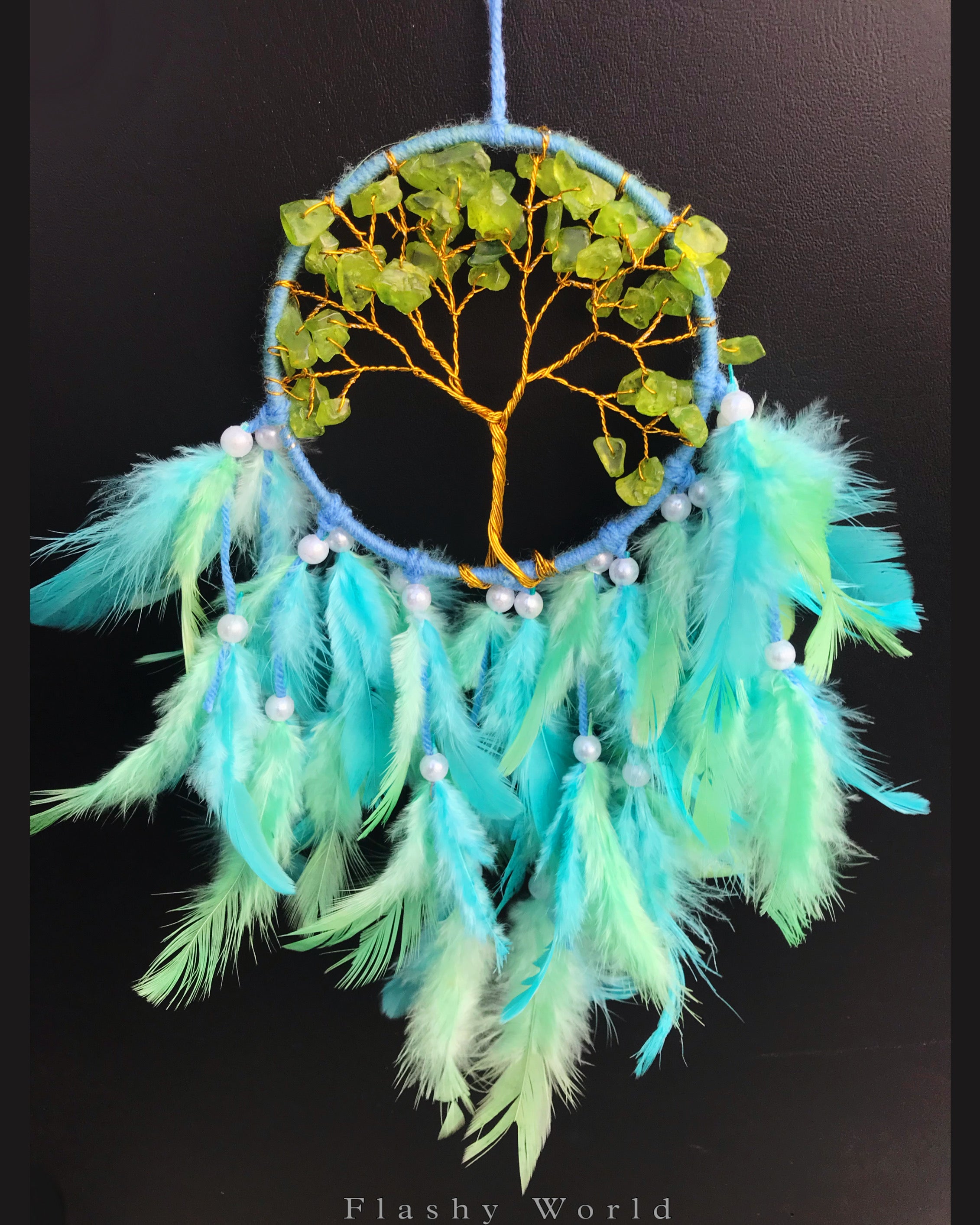 Mini Car Dream Catcher with Peridot Crystal Tree of Life & Natural Feathers | Handmade Car Hanging for Positivity, Prosperity & Healing Energy