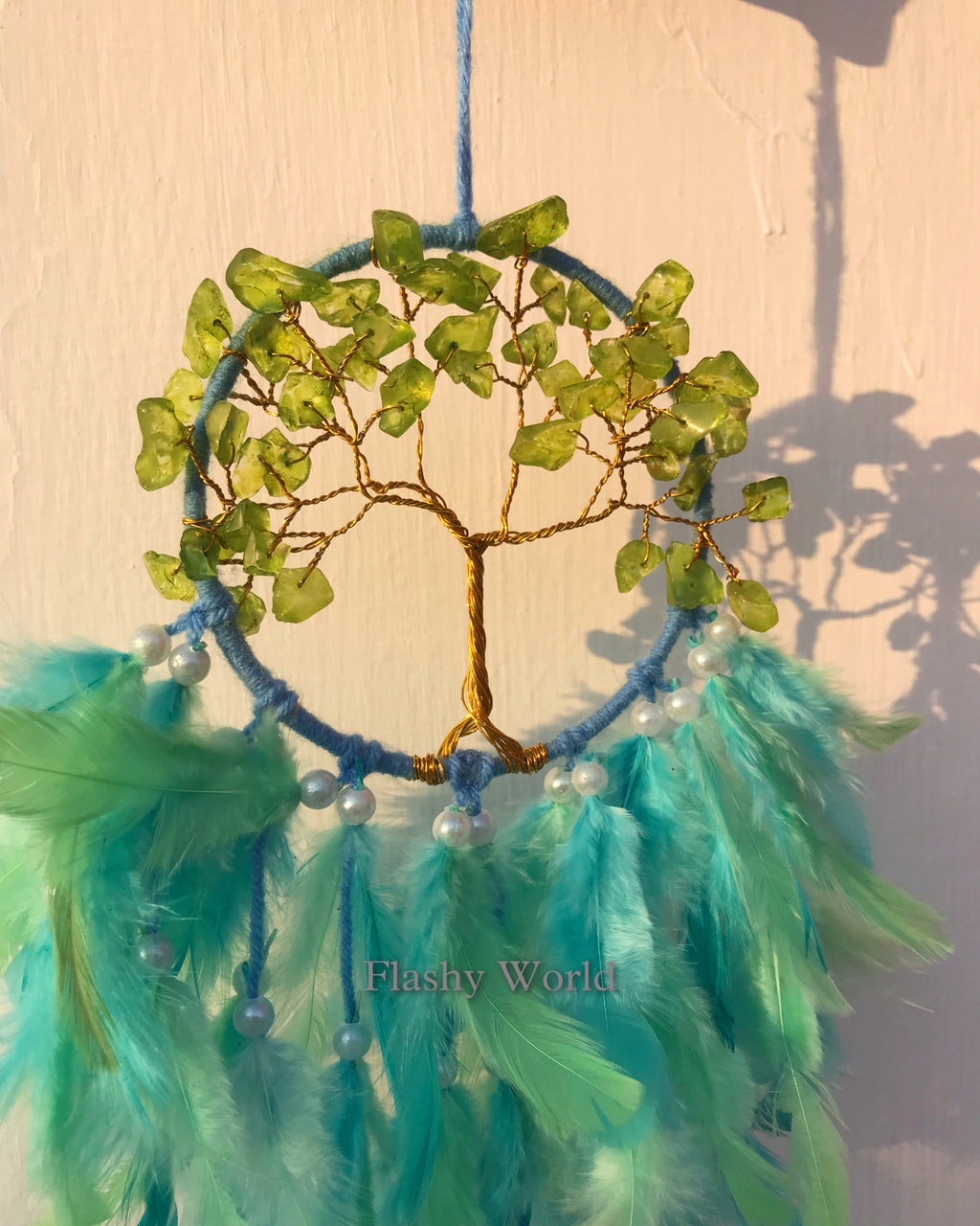 Mini Car Dream Catcher with Peridot Crystal Tree of Life & Natural Feathers | Handmade Car Hanging for Positivity, Prosperity & Healing Energy
