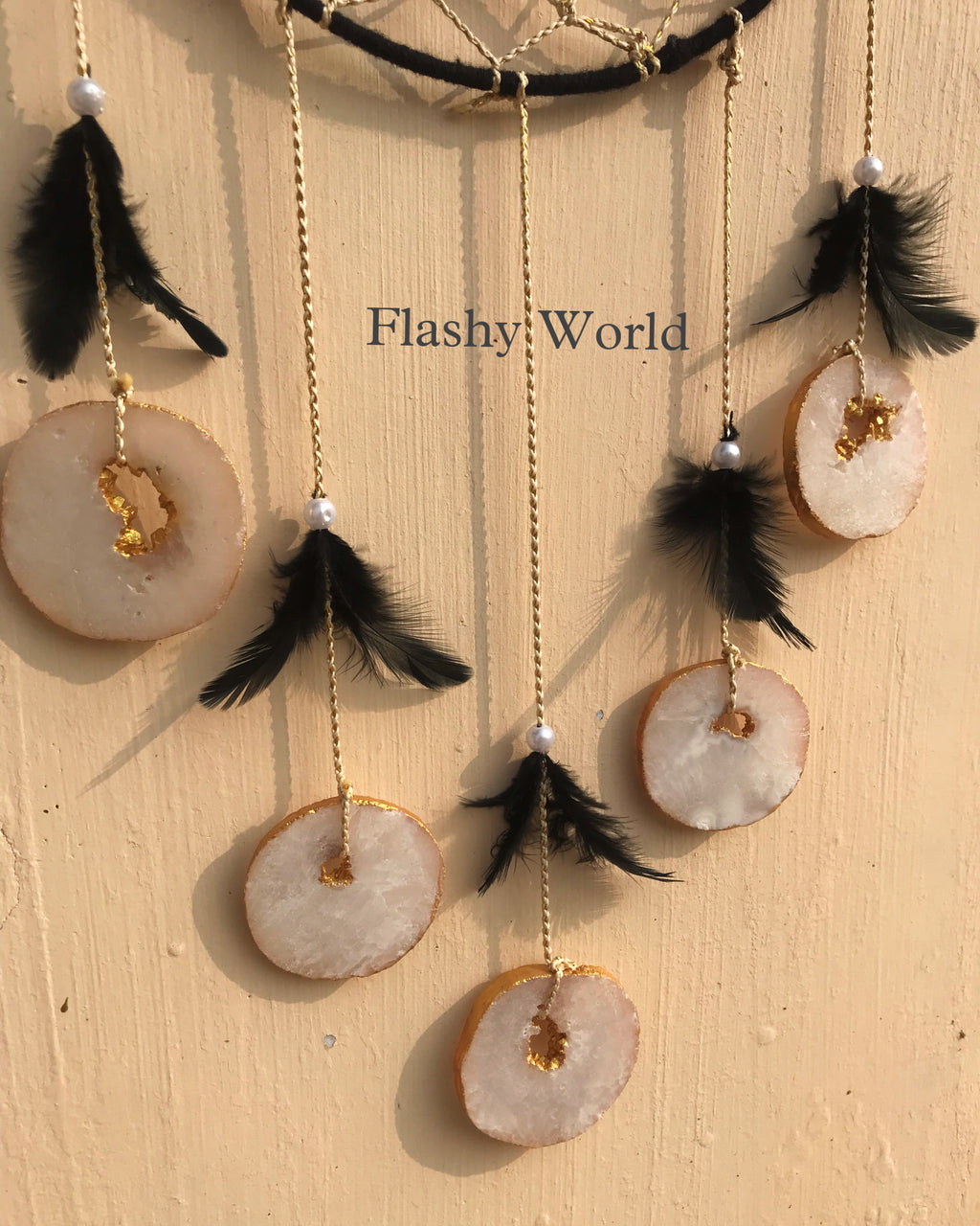 Handmade Dreamcatcher Wall Hanging with Natural Agate Coasters & Feathers – Boho Woolen Decor for Positive Energy & Gifting