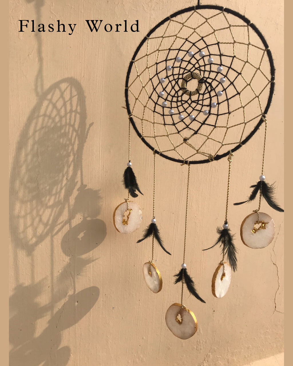 Handmade Dreamcatcher Wall Hanging with Natural Agate Coasters & Feathers – Boho Woolen Decor for Positive Energy & Gifting