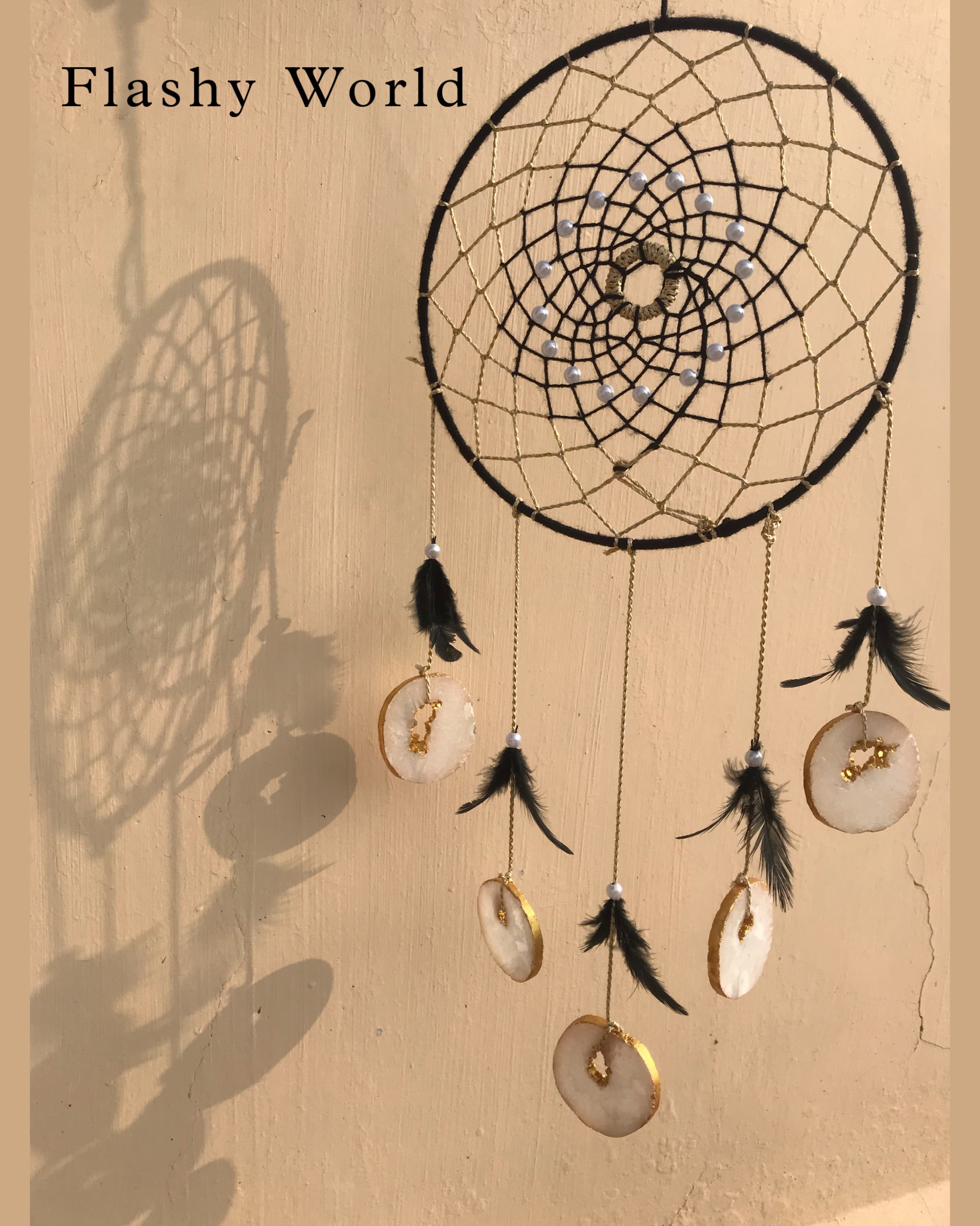 Handmade Dreamcatcher Wall Hanging with Natural Agate Coasters & Feathers – Boho Woolen Decor for Positive Energy & Gifting