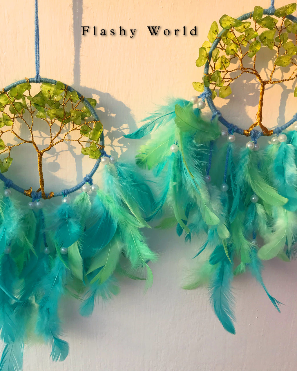 Mini Car Dream Catcher with Peridot Crystal Tree of Life & Natural Feathers | Handmade Car Hanging for Positivity, Prosperity & Healing Energy