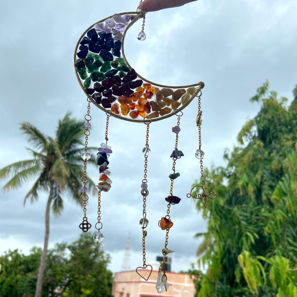 7 Chakra Moon Crystal Hanger – Handmade Rainbow Chakra Wall & Window Decor | Energy Cleansing Sun Catcher | Spiritual Home & Car Hanging Gift