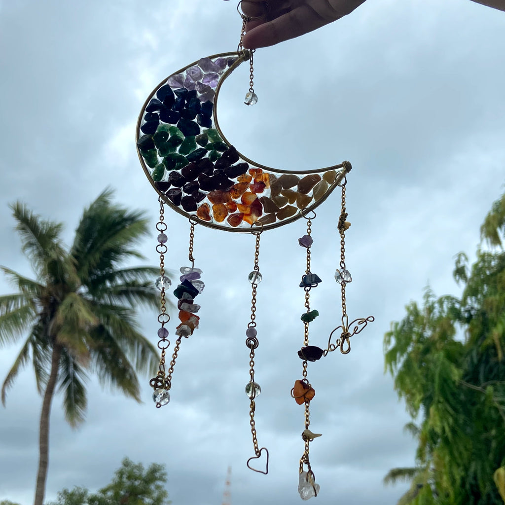 7 Chakra Moon Crystal Hanger – Handmade Rainbow Chakra Wall & Window Decor | Energy Cleansing Sun Catcher | Spiritual Home & Car Hanging Gift