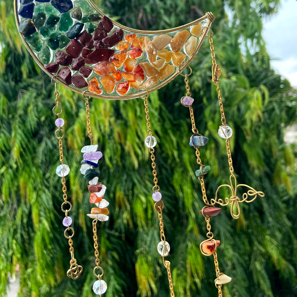 7 Chakra Moon Crystal Hanger – Handmade Rainbow Chakra Wall & Window Decor | Energy Cleansing Sun Catcher | Spiritual Home & Car Hanging Gift