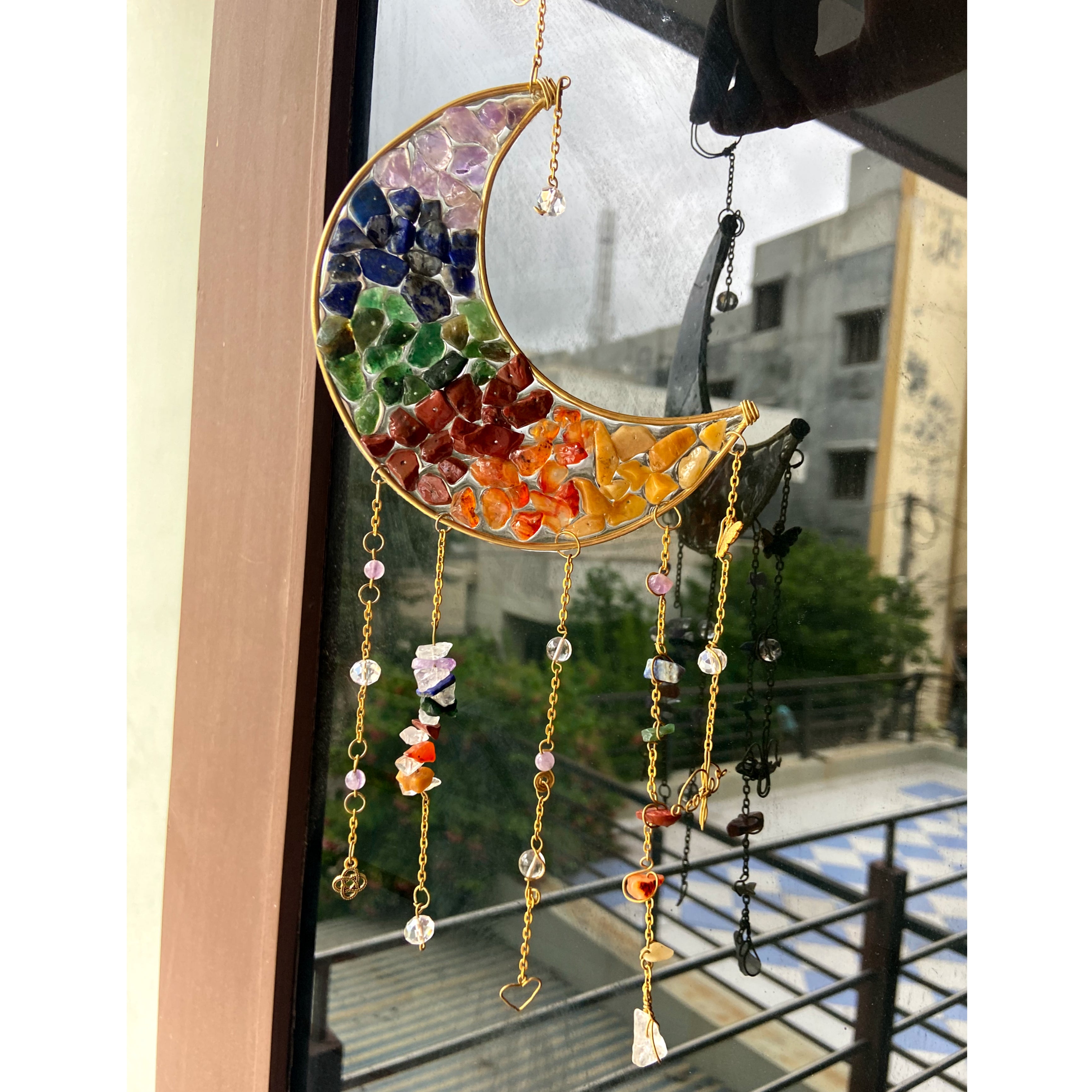 7 Chakra Moon Crystal Hanger – Handmade Rainbow Chakra Wall & Window Decor | Energy Cleansing Sun Catcher | Spiritual Home & Car Hanging Gift
