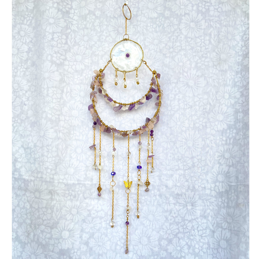 Golden Moon Amethyst Crystal Wall Hanger – Handmade Sun Catcher with Butterfly Charms & Beads for Positive Energy & Boho Home Décor