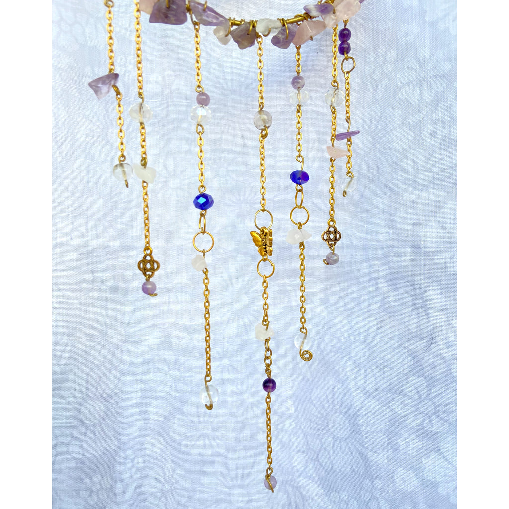 Golden Moon Amethyst Crystal Wall Hanger – Handmade Sun Catcher with Butterfly Charms & Beads for Positive Energy & Boho Home Décor