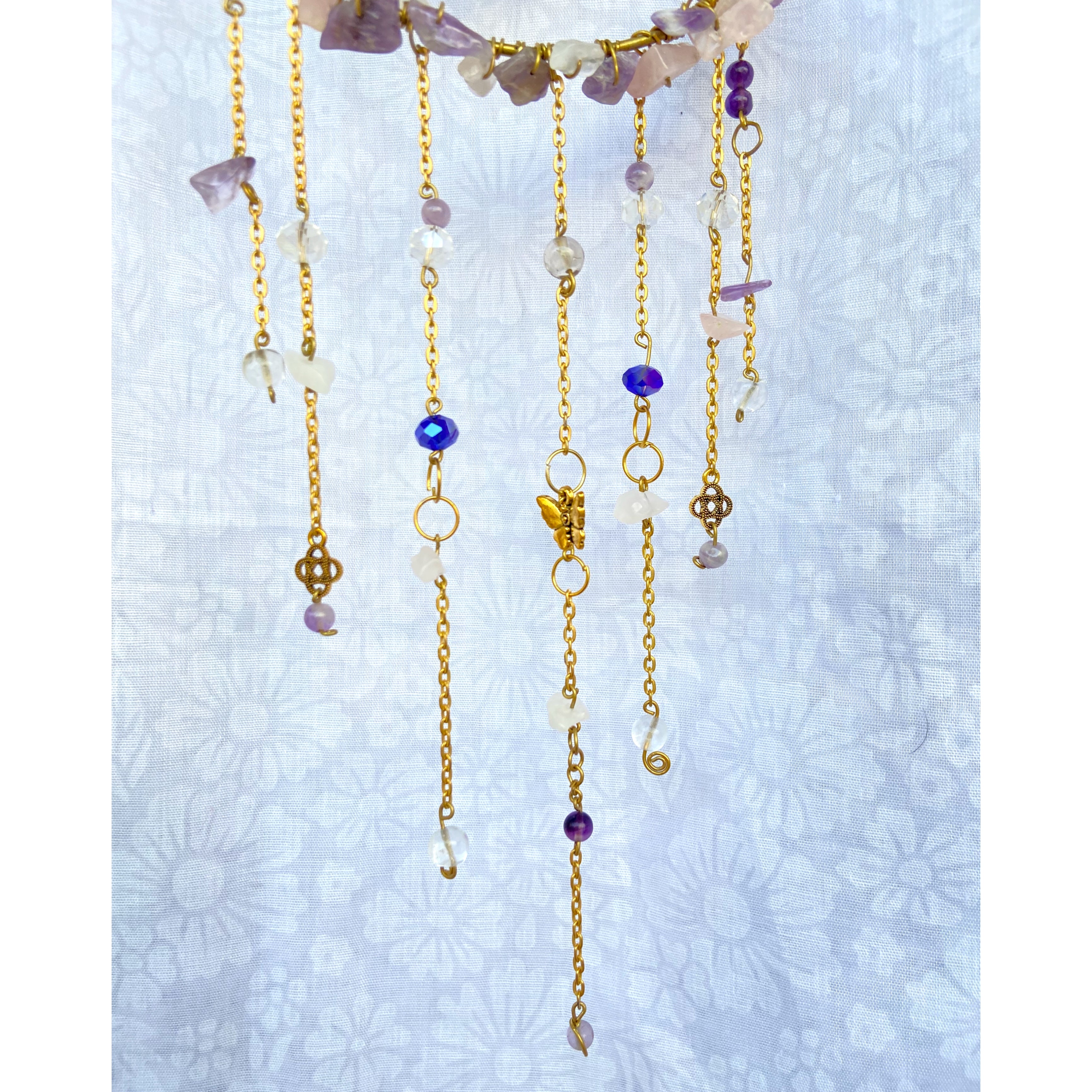 Golden Moon Amethyst Crystal Wall Hanger – Handmade Sun Catcher with Butterfly Charms & Beads for Positive Energy & Boho Home Décor