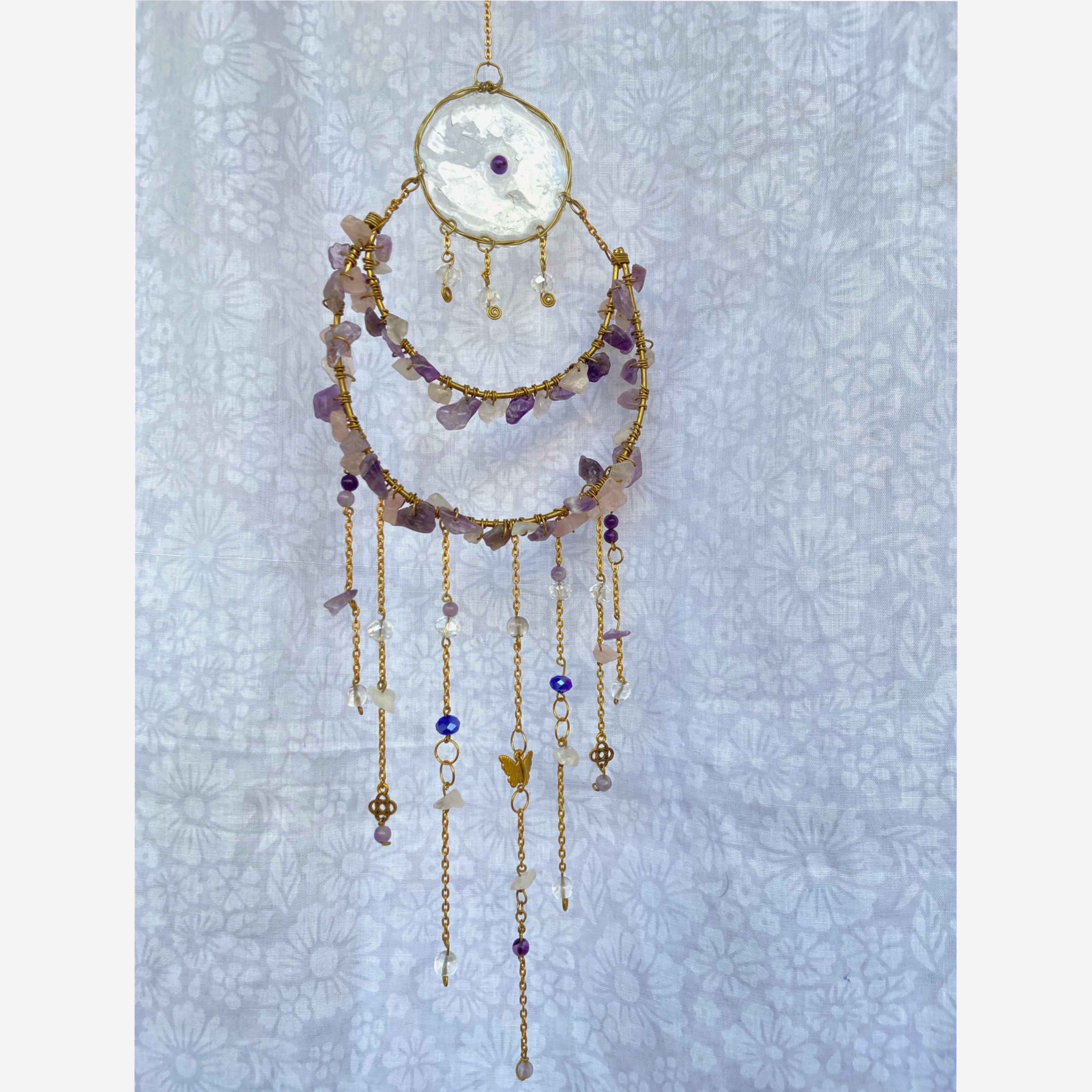 Golden Moon Amethyst Crystal Wall Hanger – Handmade Sun Catcher with Butterfly Charms & Beads for Positive Energy & Boho Home Décor
