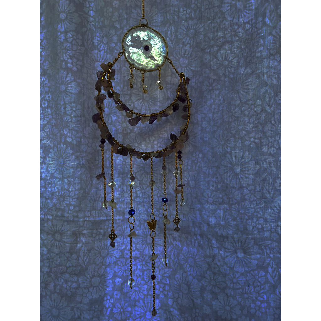 Golden Moon Amethyst Crystal Wall Hanger – Handmade Sun Catcher with Butterfly Charms & Beads for Positive Energy & Boho Home Décor