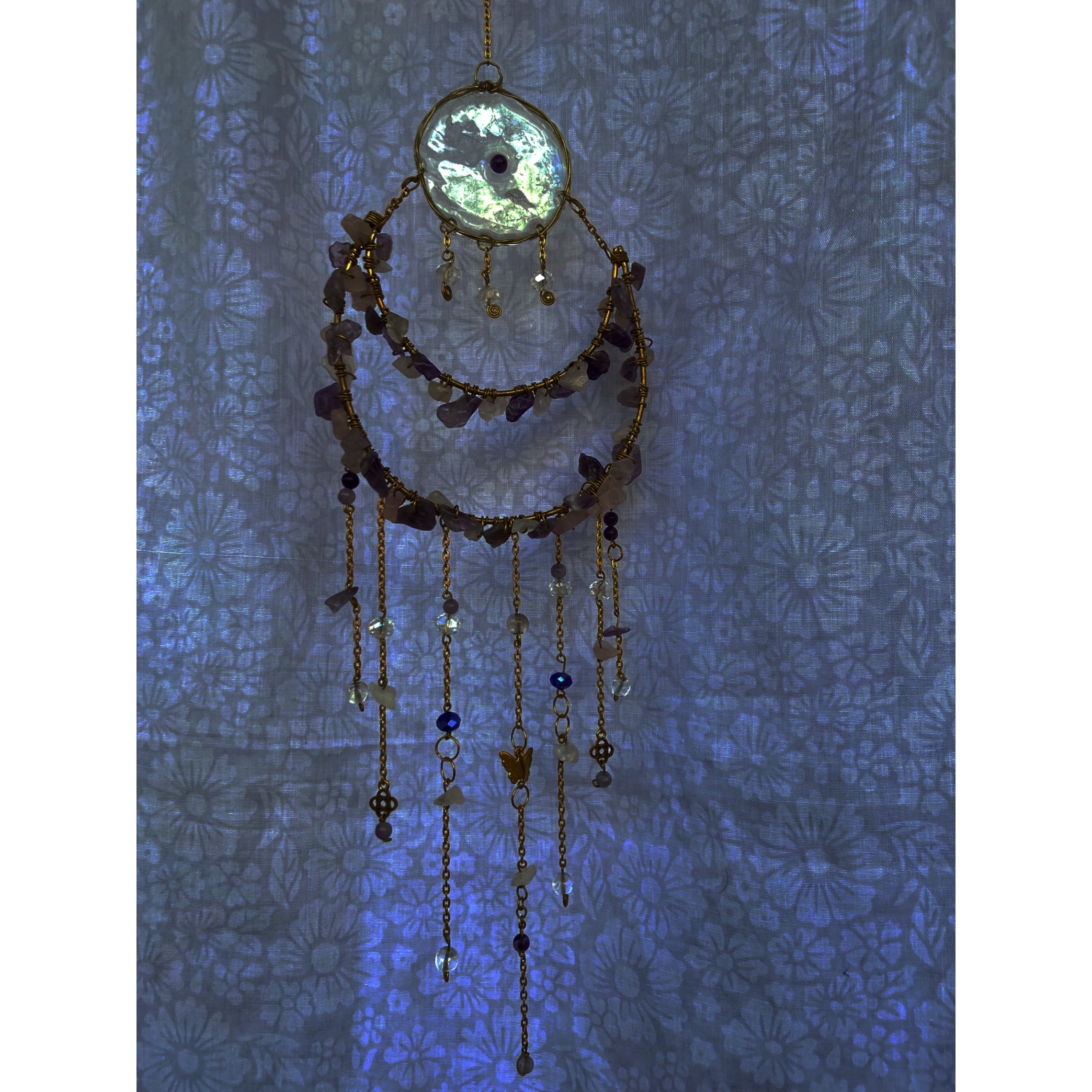 Golden Moon Amethyst Crystal Wall Hanger – Handmade Sun Catcher with Butterfly Charms & Beads for Positive Energy & Boho Home Décor