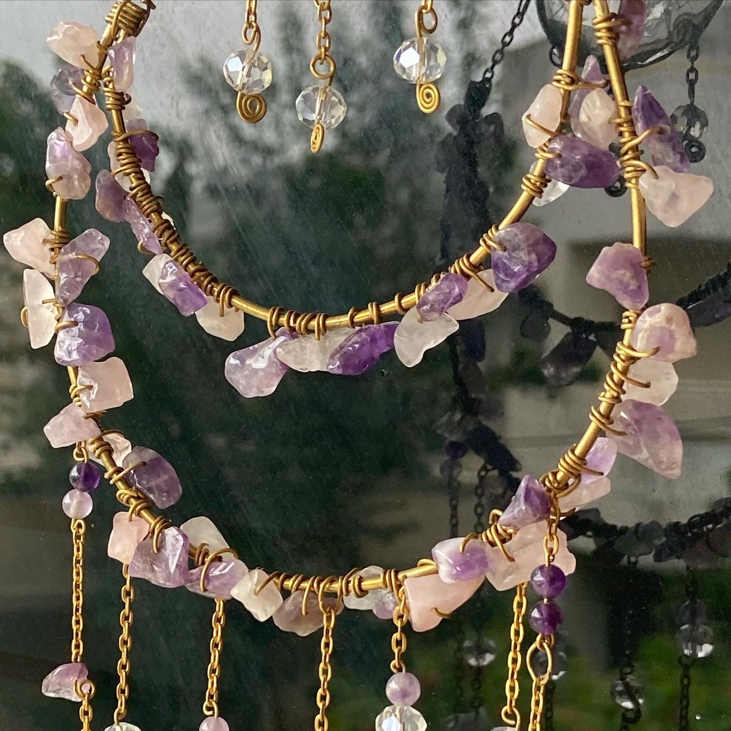 Golden Moon Amethyst Crystal Wall Hanger – Handmade Sun Catcher with Butterfly Charms & Beads for Positive Energy & Boho Home Décor