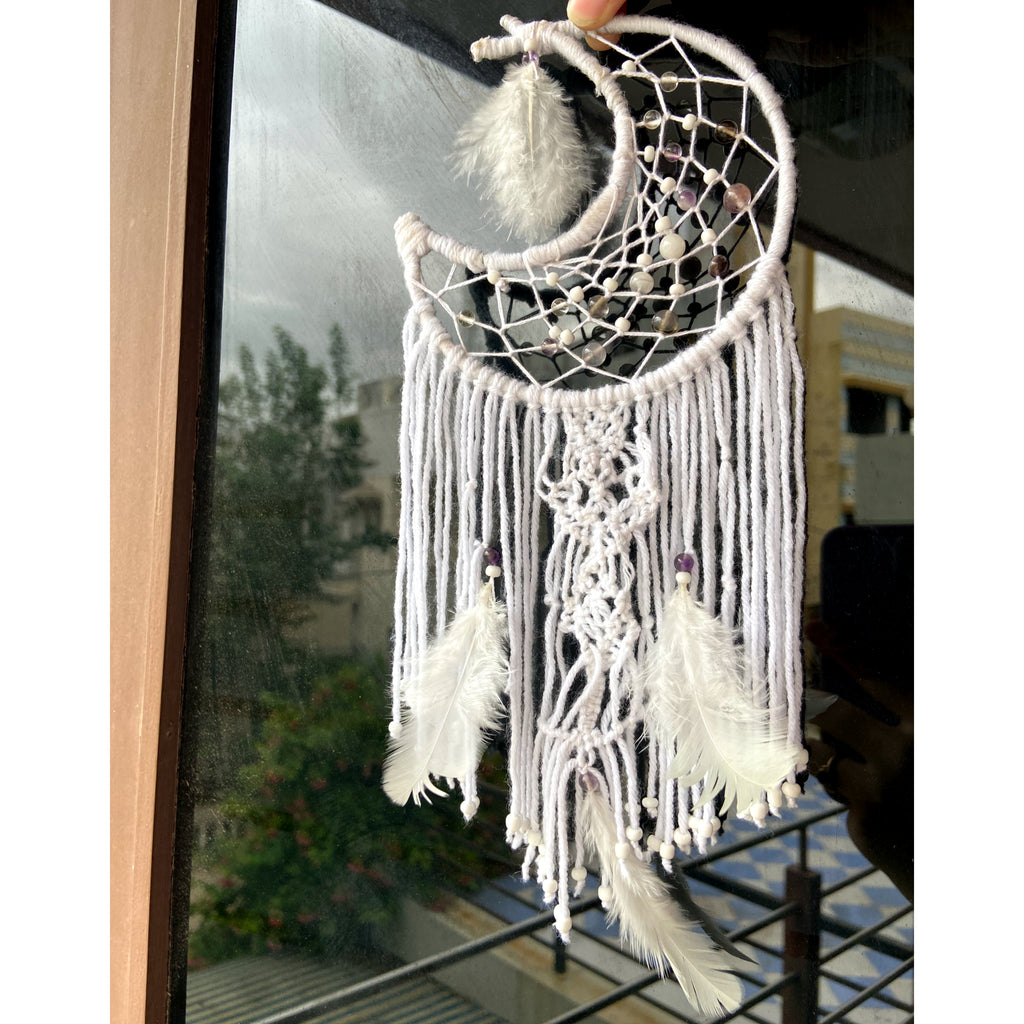 Moon Shaped Amethyst Dreamcatcher with White Feathers – Boho Wall Hanging for Peace, Positive Energy & Gifting