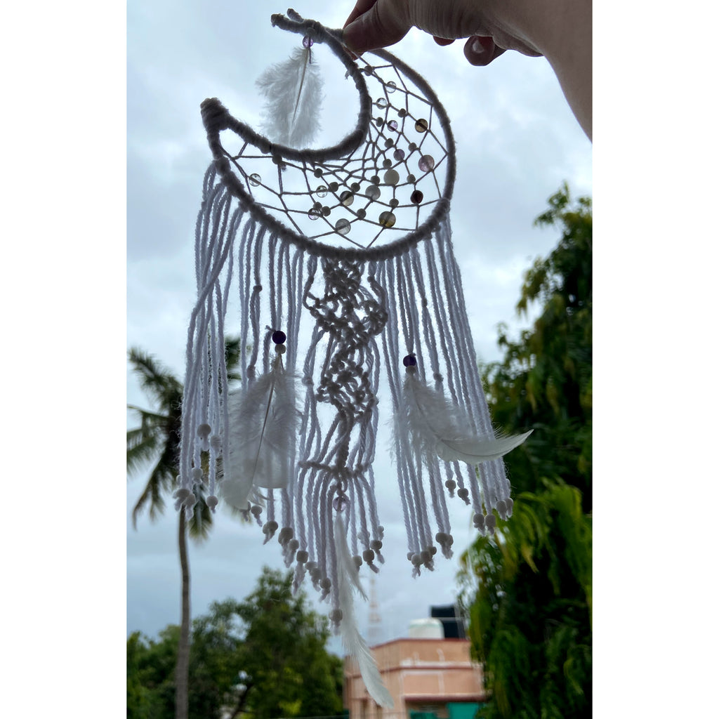 Moon Shaped Amethyst Dreamcatcher with White Feathers – Boho Wall Hanging for Peace, Positive Energy & Gifting