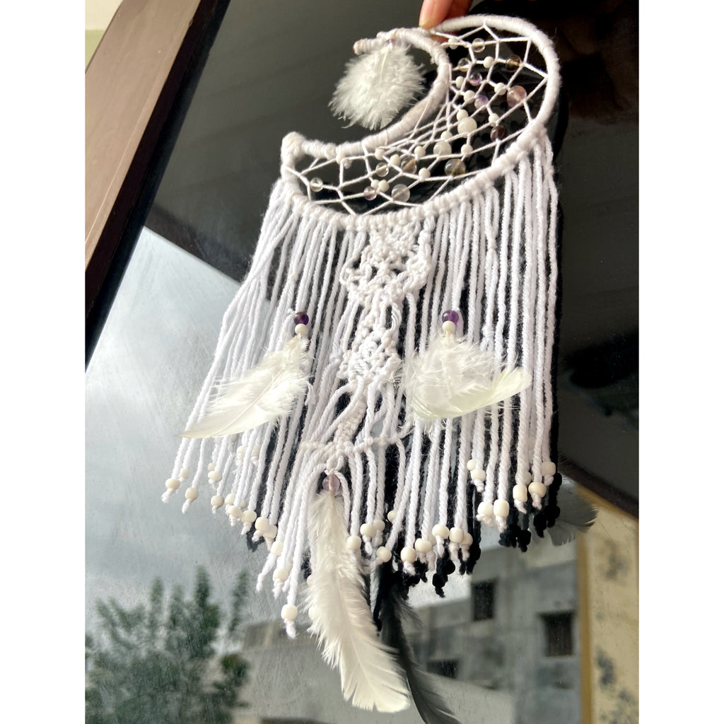 Moon Shaped Amethyst Dreamcatcher with White Feathers – Boho Wall Hanging for Peace, Positive Energy & Gifting