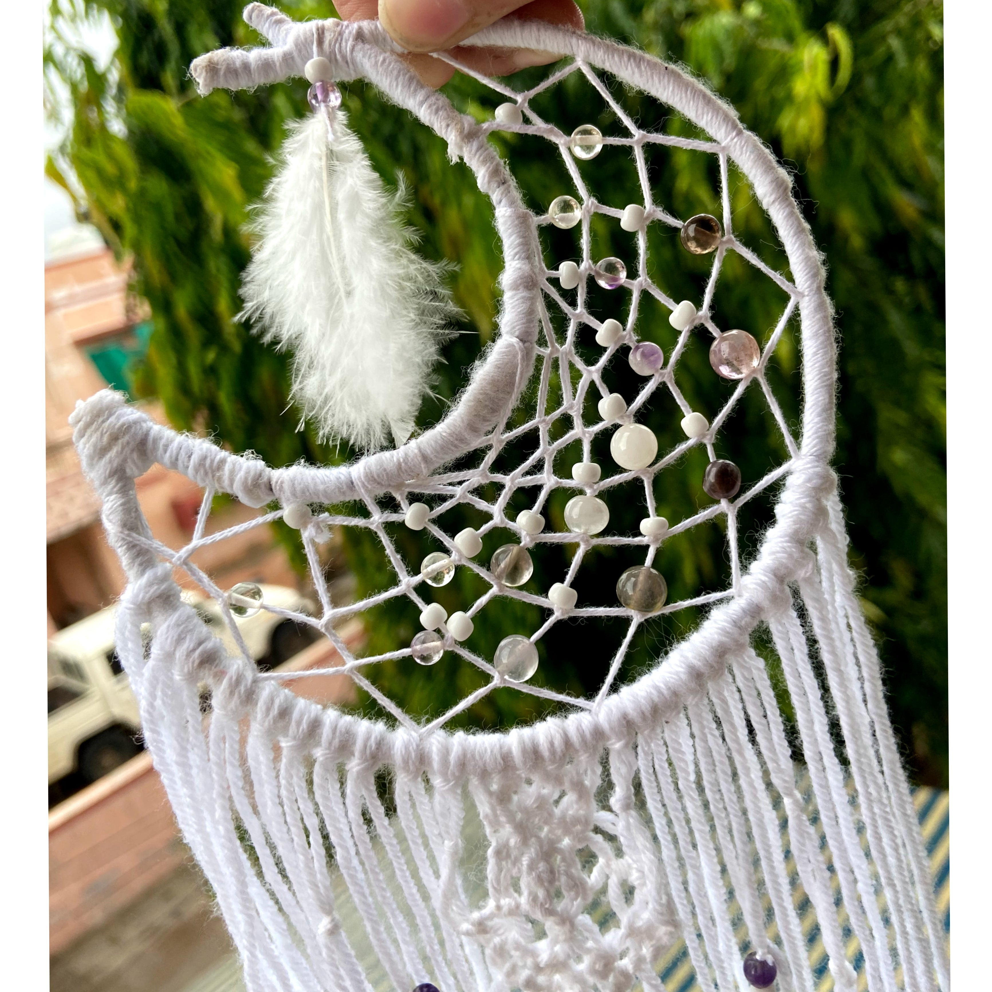 Moon Shaped Amethyst Dreamcatcher with White Feathers – Boho Wall Hanging for Peace, Positive Energy & Gifting