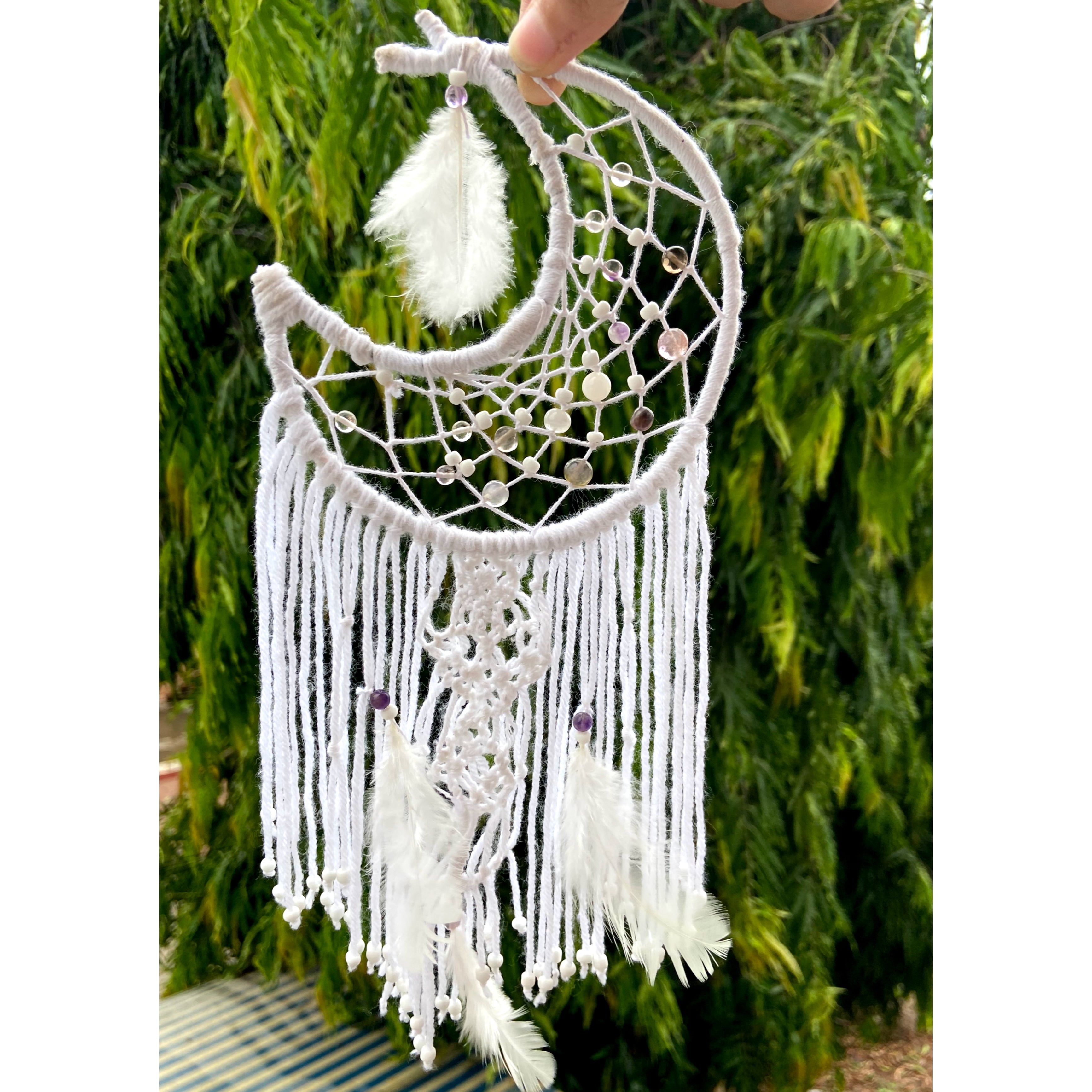 Moon Shaped Amethyst Dreamcatcher with White Feathers – Boho Wall Hanging for Peace, Positive Energy & Gifting