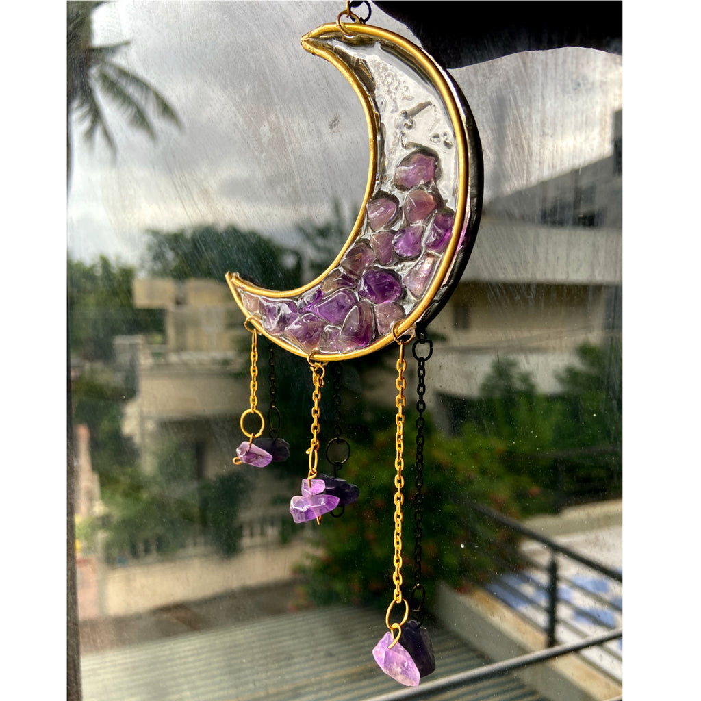 Moon Mini Crystal Hanger with Amethyst Resin Art & Golden Chains | Car & Room Decor