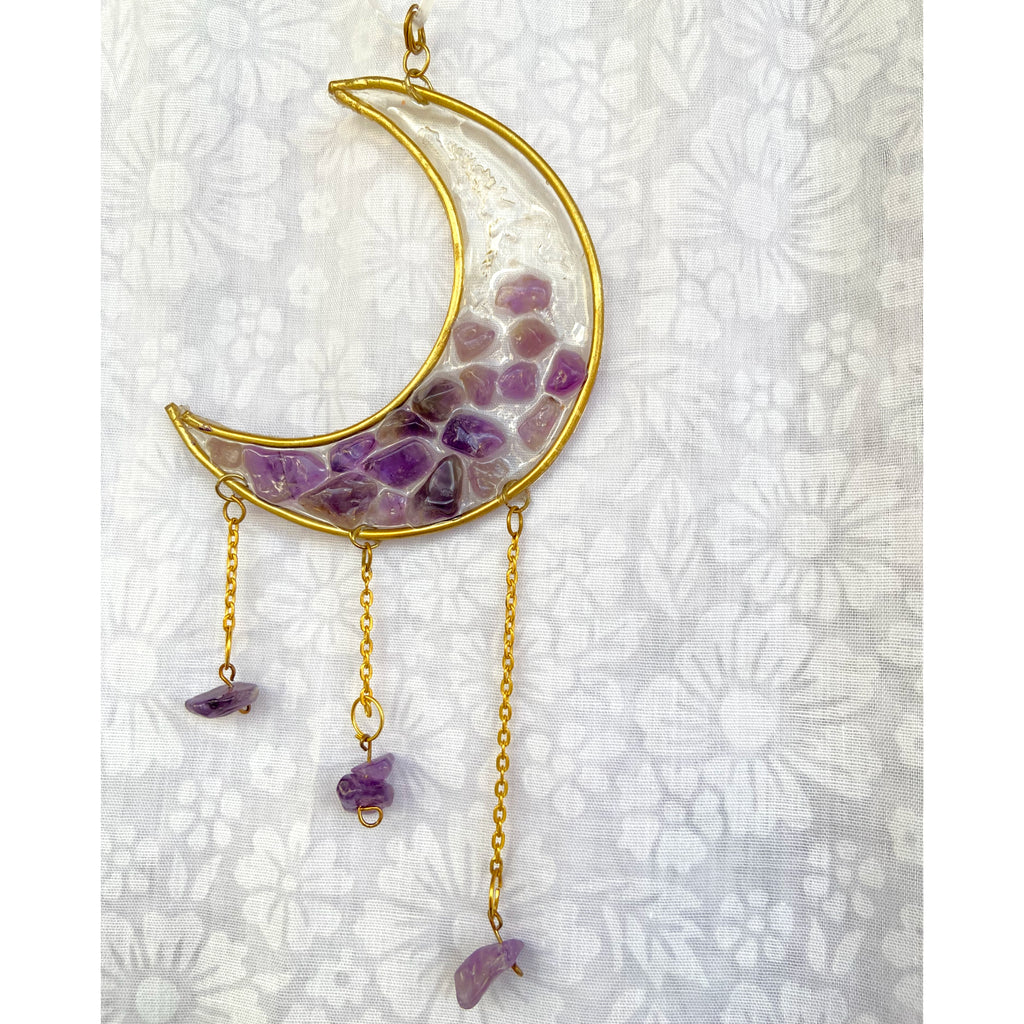 Moon Mini Crystal Hanger with Amethyst Resin Art & Golden Chains | Car & Room Decor