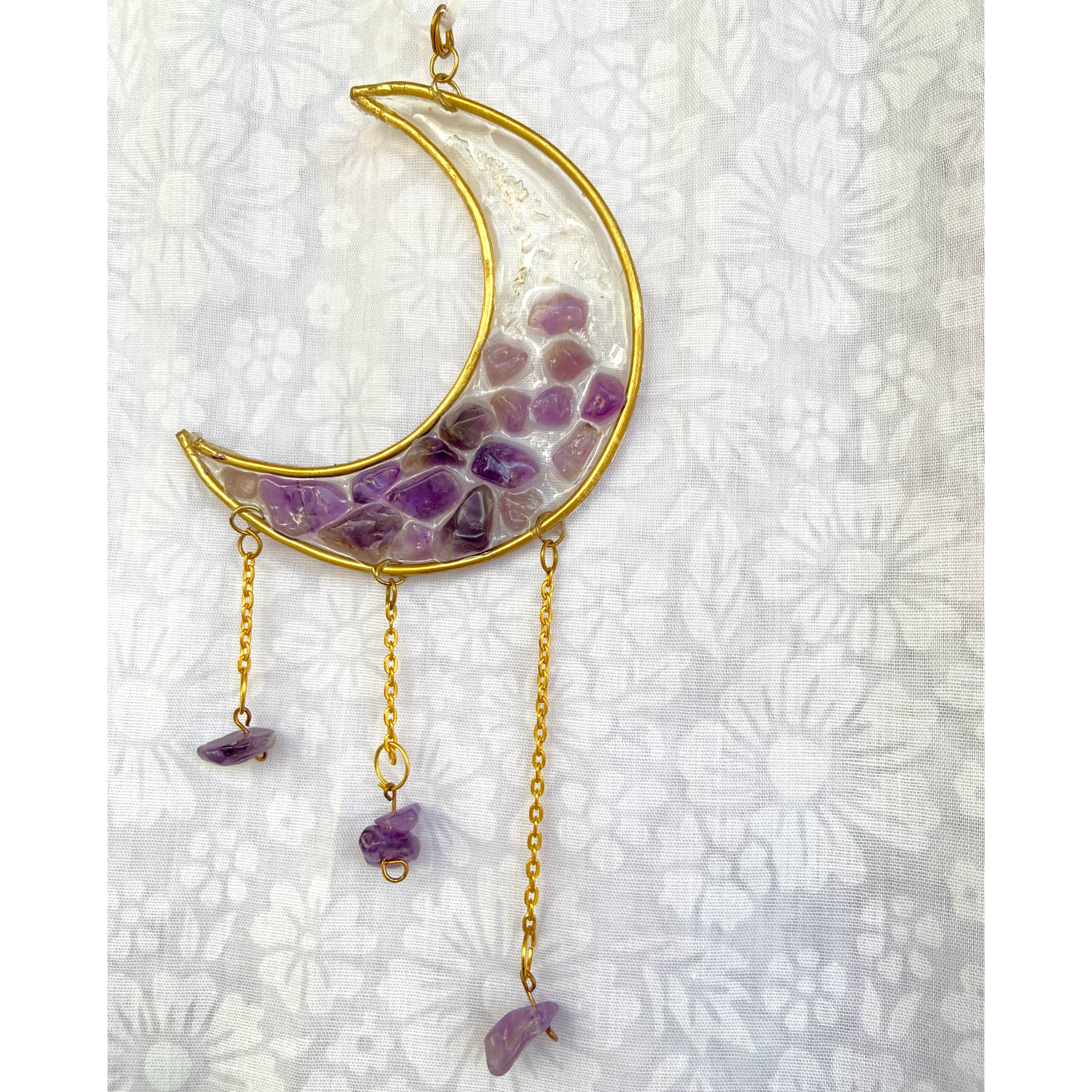 Moon Mini Crystal Hanger with Amethyst Resin Art & Golden Chains | Car & Room Decor