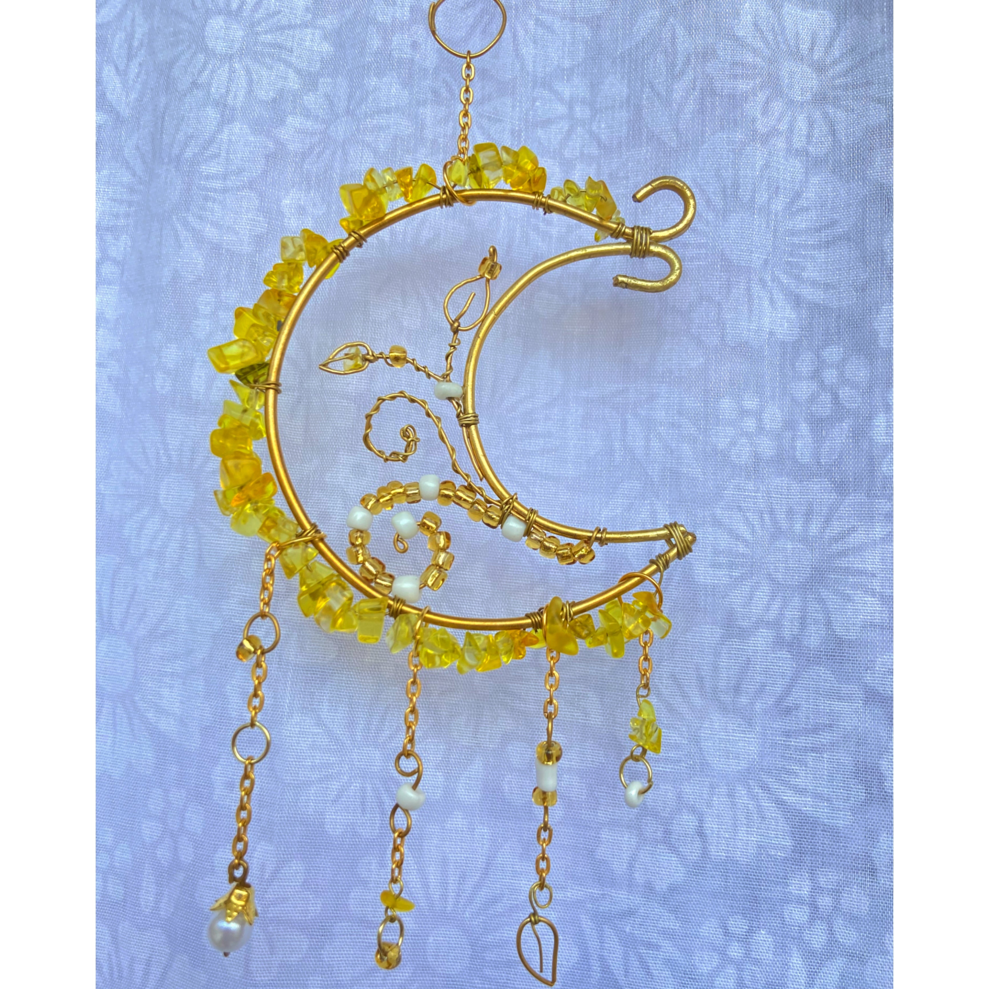 Mini Moon Citrine Crystal Hanger – Golden Floral Car & Room Decor | Positive Energy Charm
