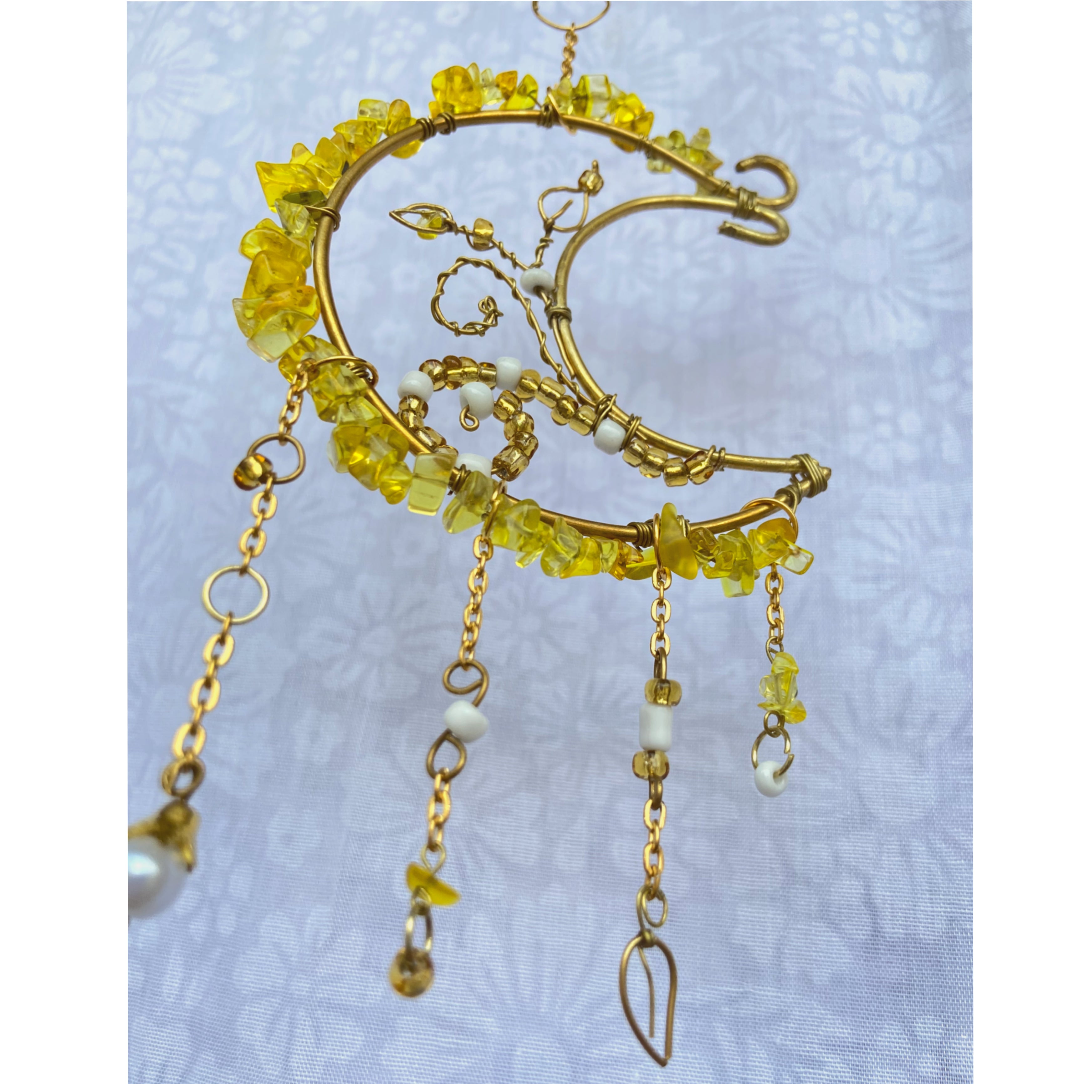 Mini Moon Citrine Crystal Hanger – Golden Floral Car & Room Decor | Positive Energy Charm