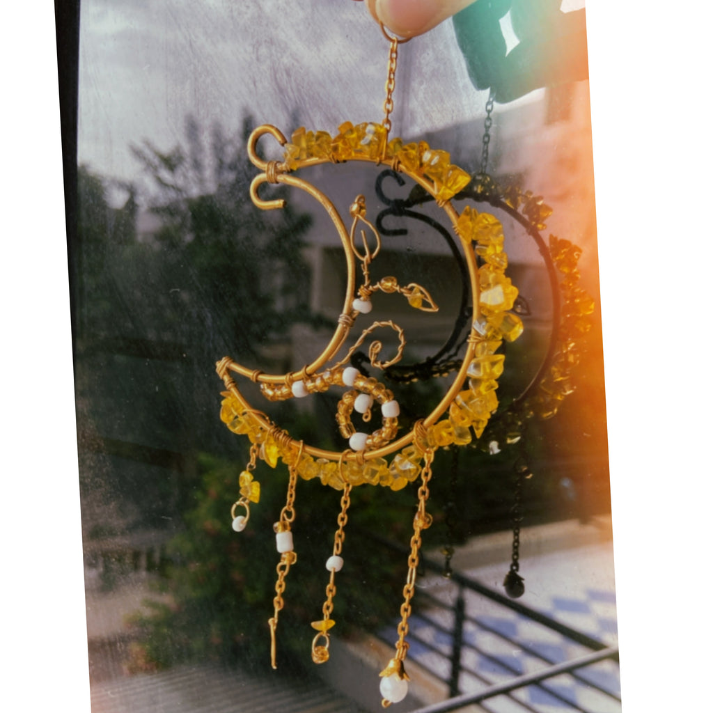 Mini Moon Citrine Crystal Hanger – Golden Floral Car & Room Decor | Positive Energy Charm