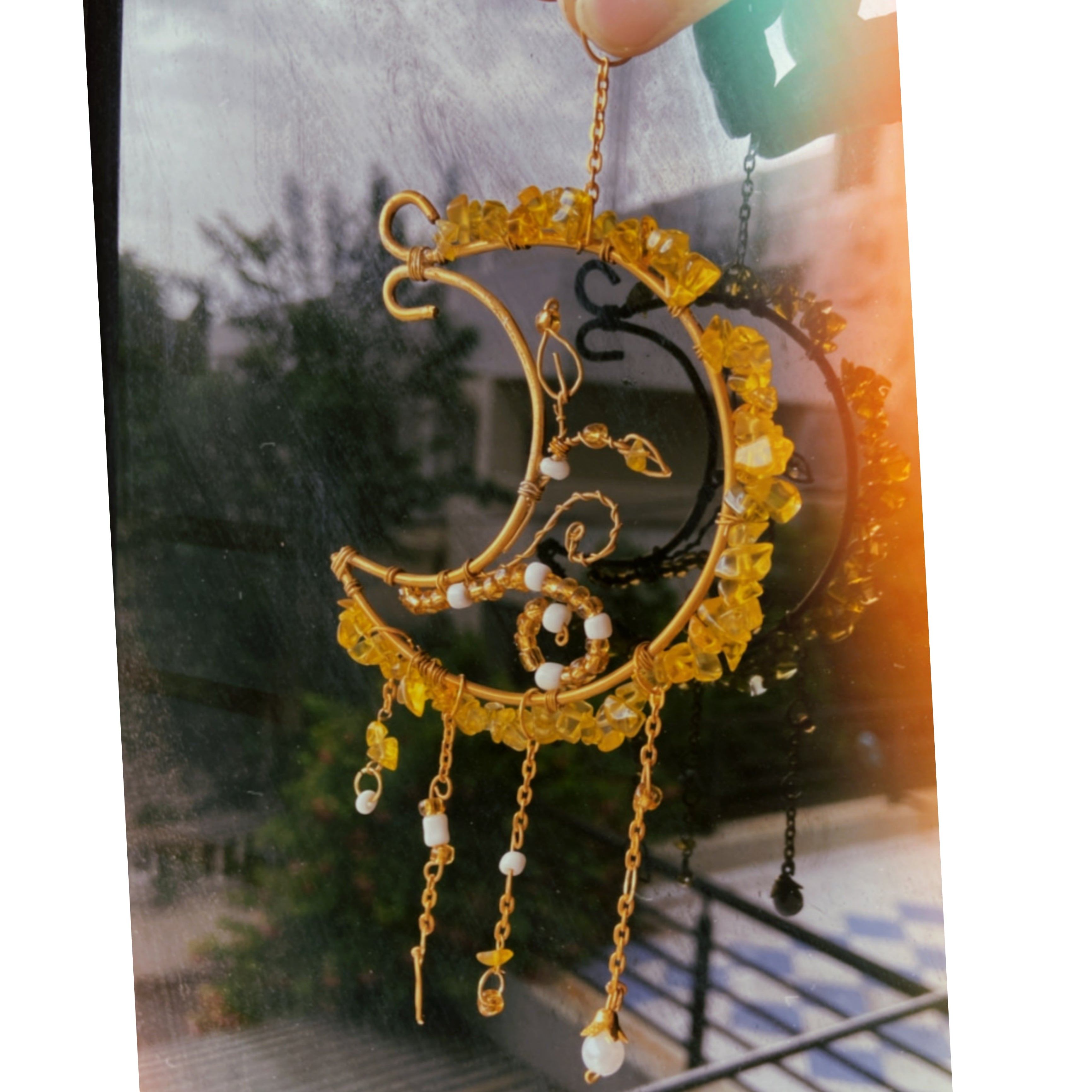 Mini Moon Citrine Crystal Hanger – Golden Floral Car & Room Decor | Positive Energy Charm