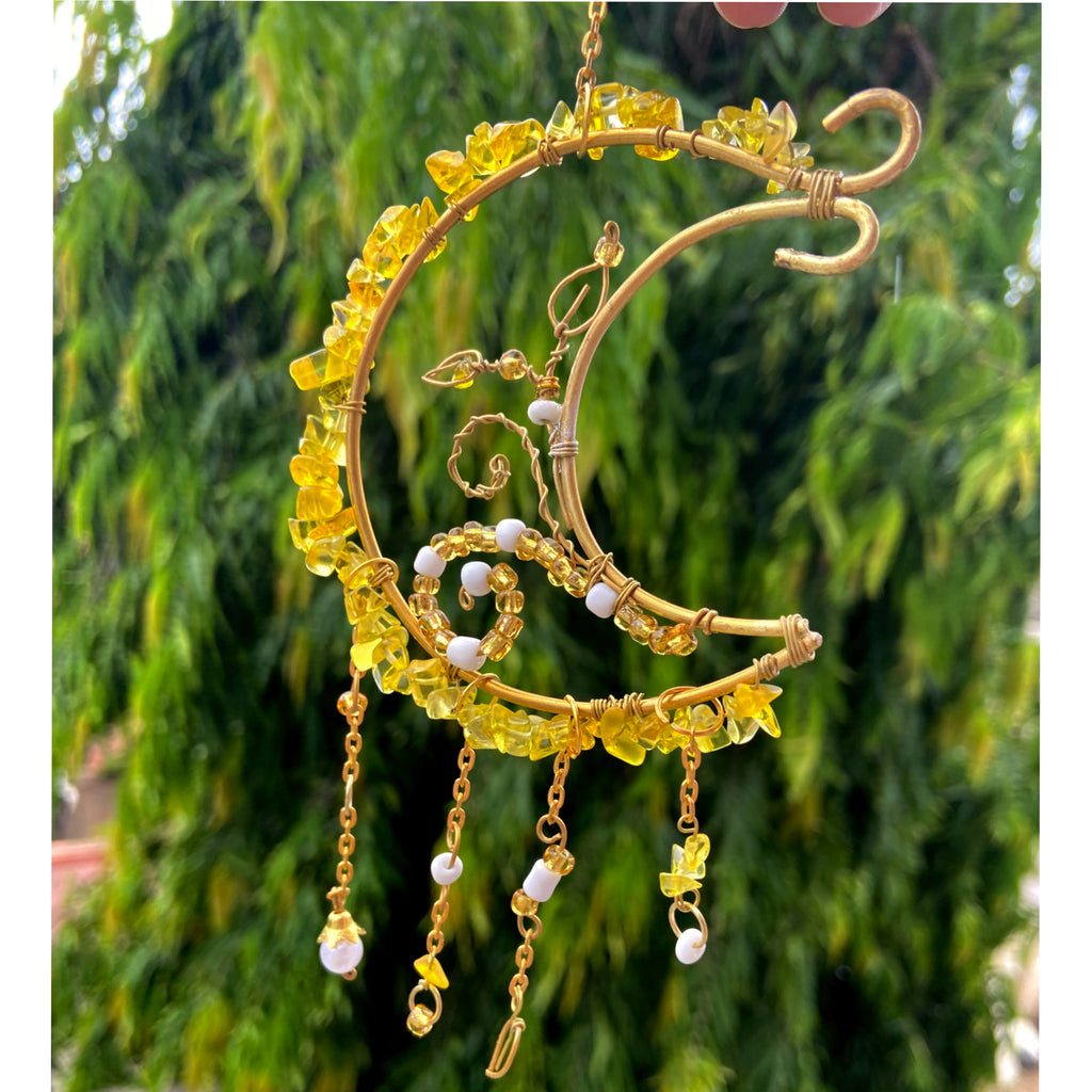 Mini Moon Citrine Crystal Hanger – Golden Floral Car & Room Decor | Positive Energy Charm
