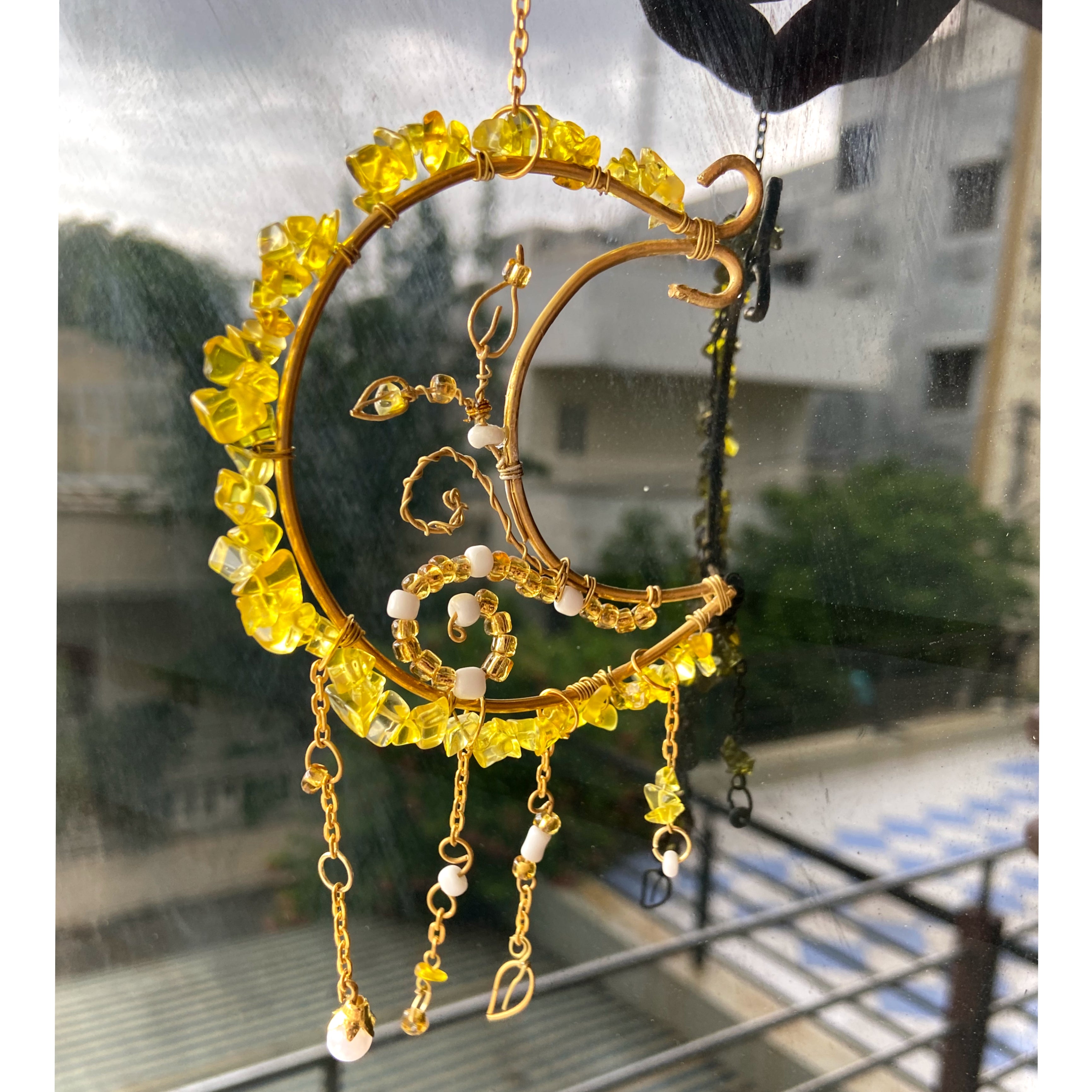 Mini Moon Citrine Crystal Hanger – Golden Floral Car & Room Decor | Positive Energy Charm