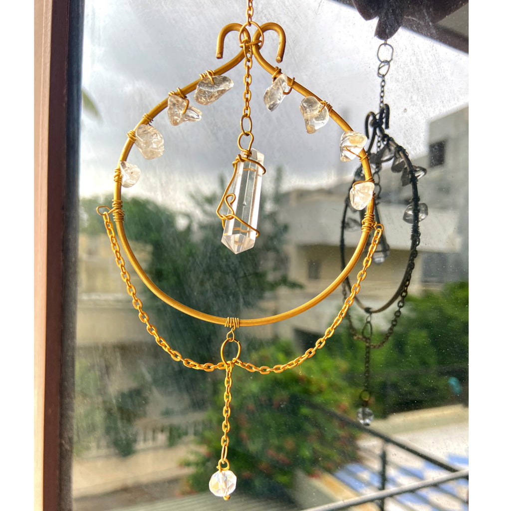 Mini Crystal Hanger with Pencil Point & Clear Quartz Chips – Golden Wire Wrapped Energy Decor