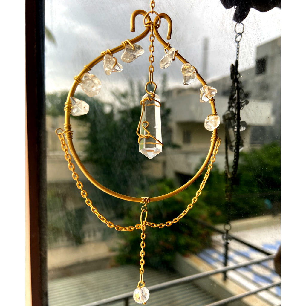 Mini Crystal Hanger with Pencil Point & Clear Quartz Chips – Golden Wire Wrapped Energy Decor
