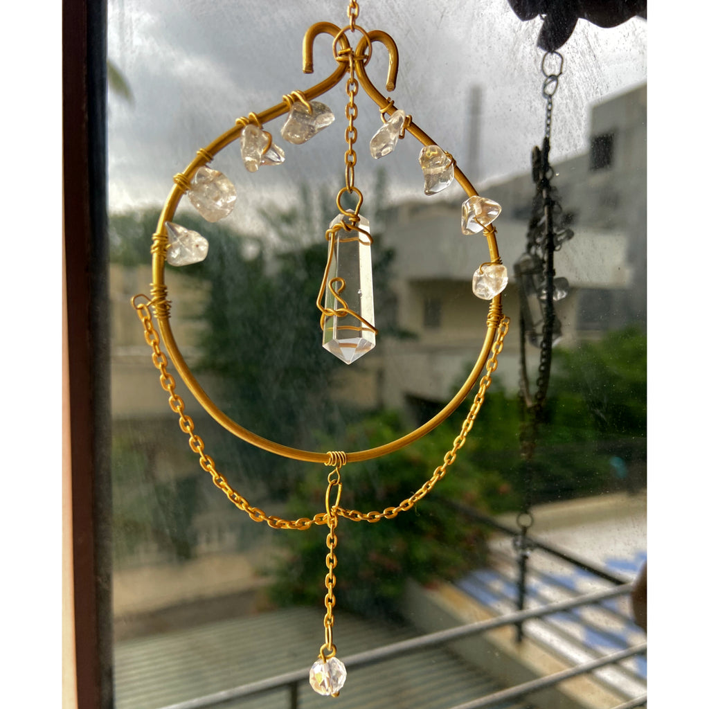 Mini Crystal Hanger with Pencil Point & Clear Quartz Chips – Golden Wire Wrapped Energy Decor
