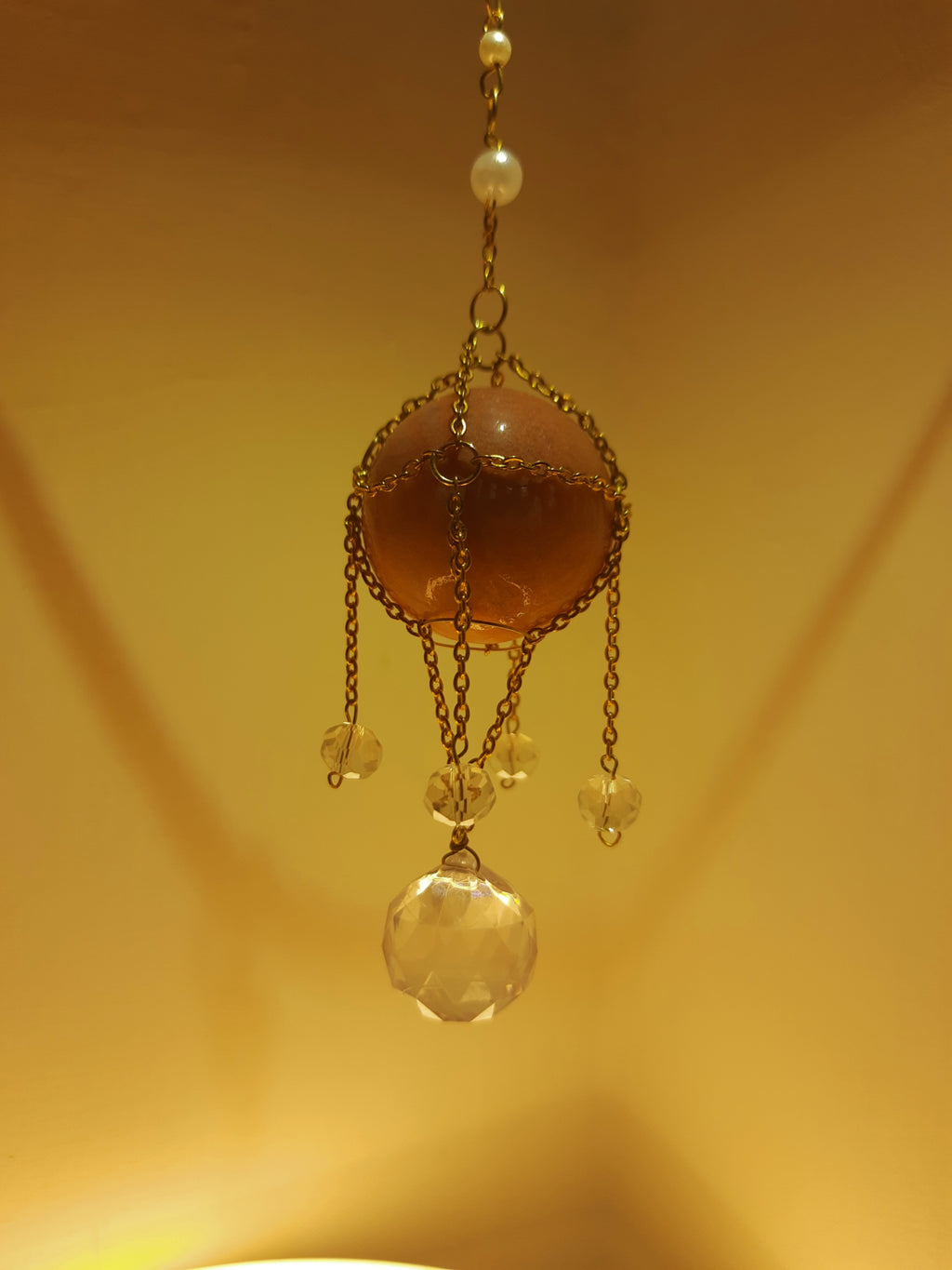 Sunstone Hanging Crystal Ball Decor – Golden Chain Wrapped Light Catcher | Bedroom & Home Décor Gift