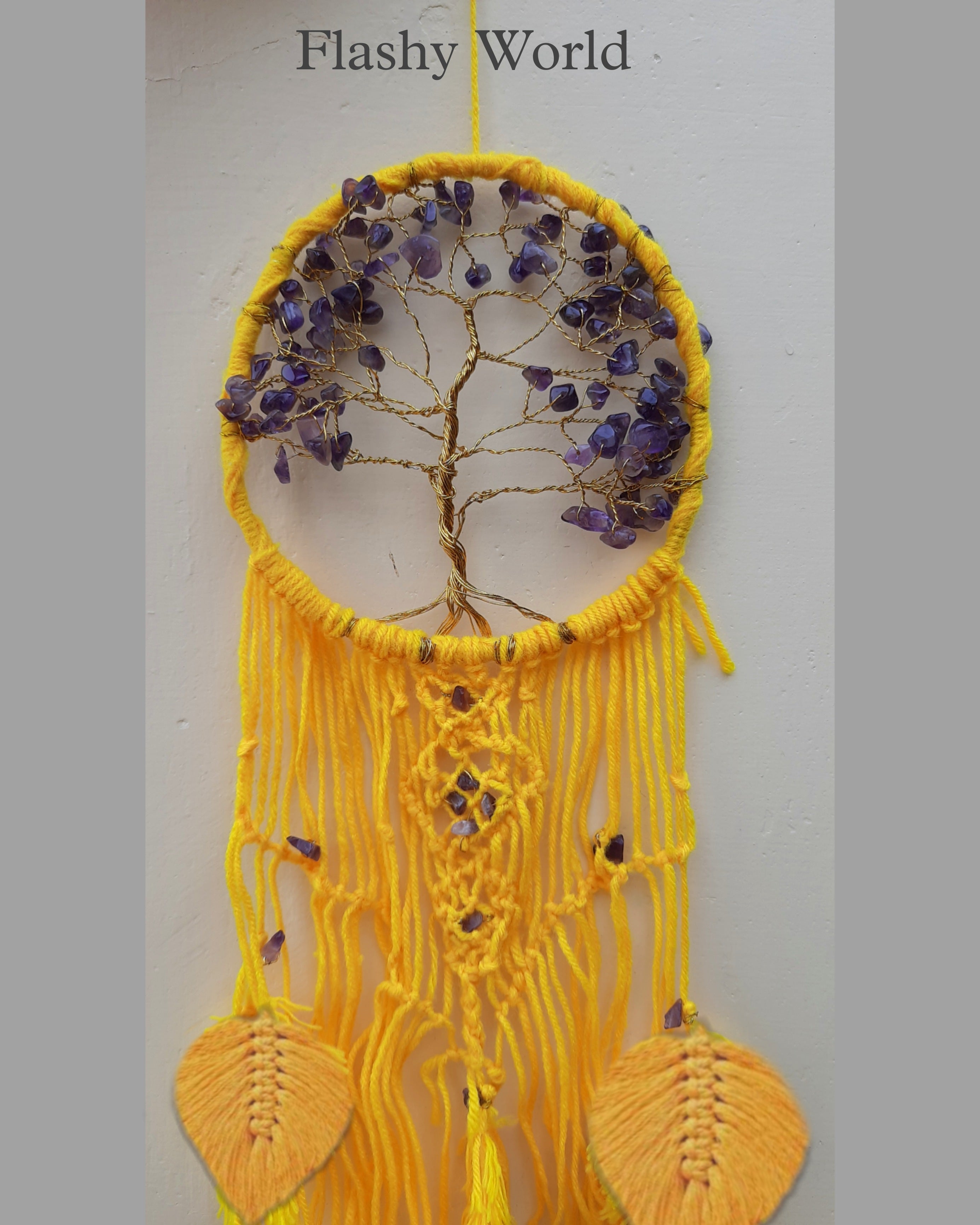 Amethyst Tree of Life Dream Catcher – Handmade Crochet Dream Hanger with Wool Tassels & Healing Crystal Stones | Boho Room & Dorm Decor Gift for Positive Energy