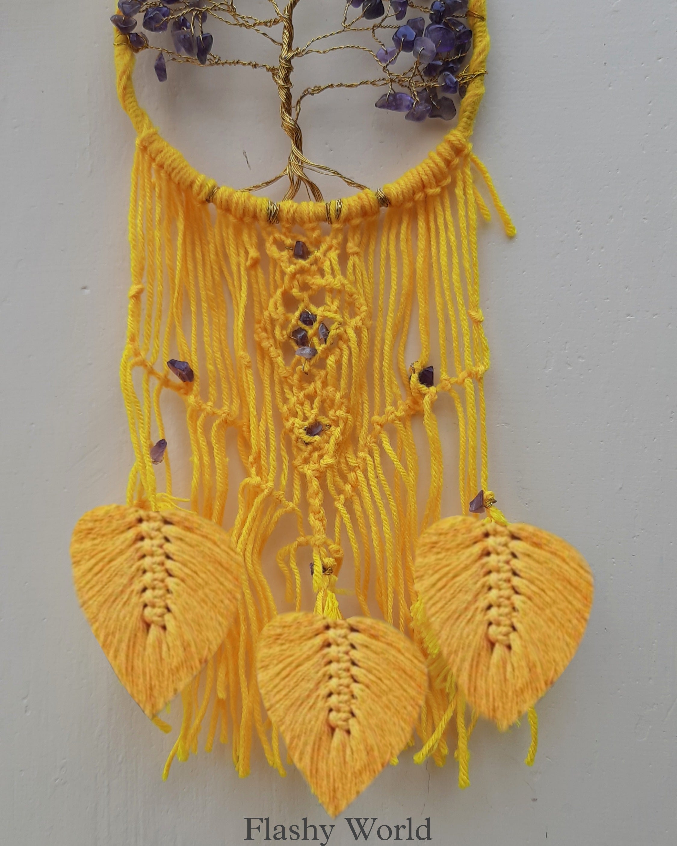Amethyst Tree of Life Dream Catcher – Handmade Crochet Dream Hanger with Wool Tassels & Healing Crystal Stones | Boho Room & Dorm Decor Gift for Positive Energy