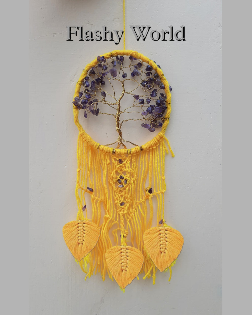 Amethyst Tree of Life Dream Catcher – Handmade Crochet Dream Hanger with Wool Tassels & Healing Crystal Stones | Boho Room & Dorm Decor Gift for Positive Energy
