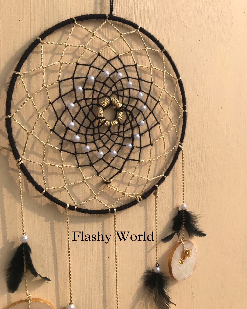 Handmade Dreamcatcher Wall Hanging with Natural Agate Coasters & Feathers – Boho Woolen Decor for Positive Energy & Gifting