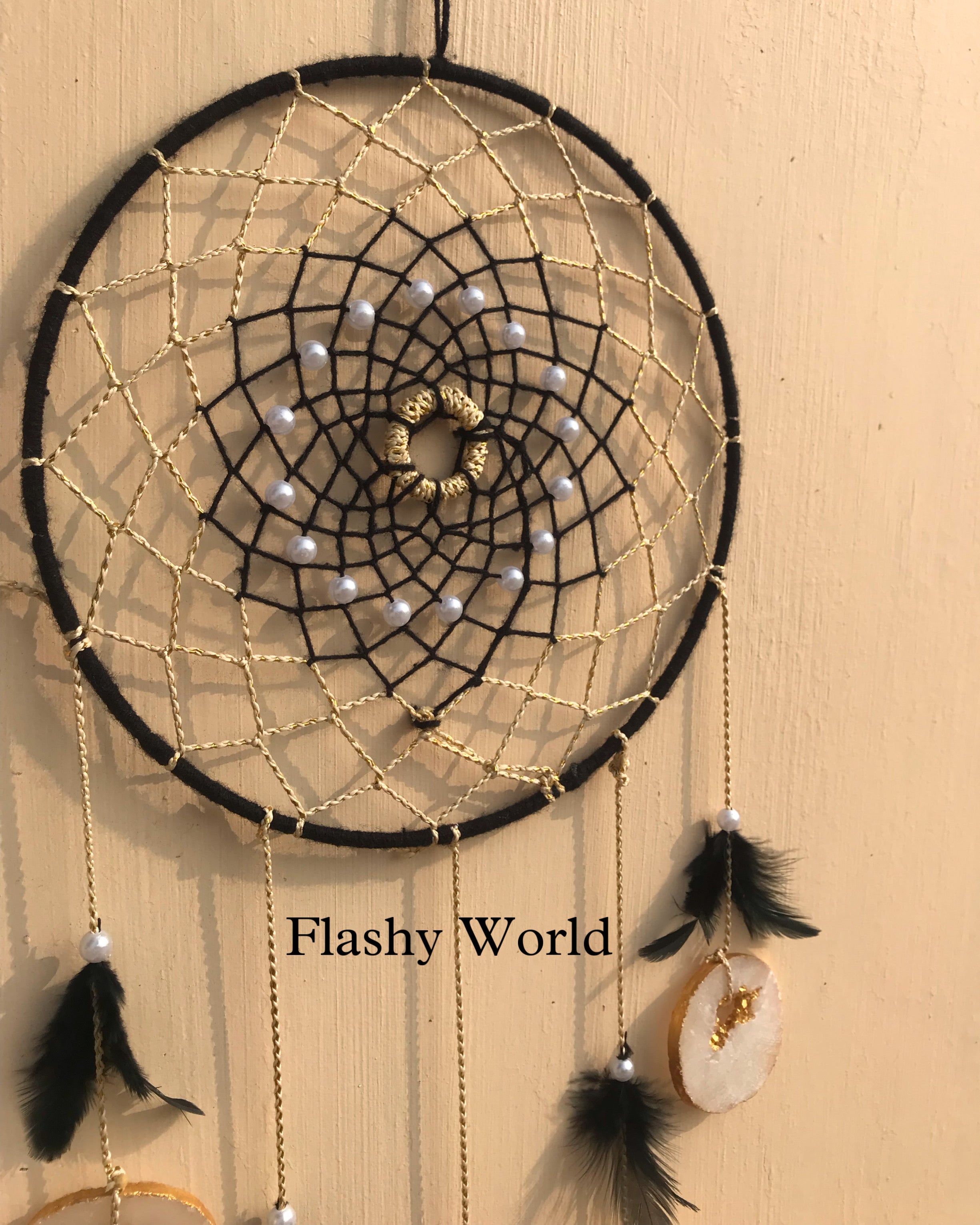 Handmade Dreamcatcher Wall Hanging with Natural Agate Coasters & Feathers – Boho Woolen Decor for Positive Energy & Gifting