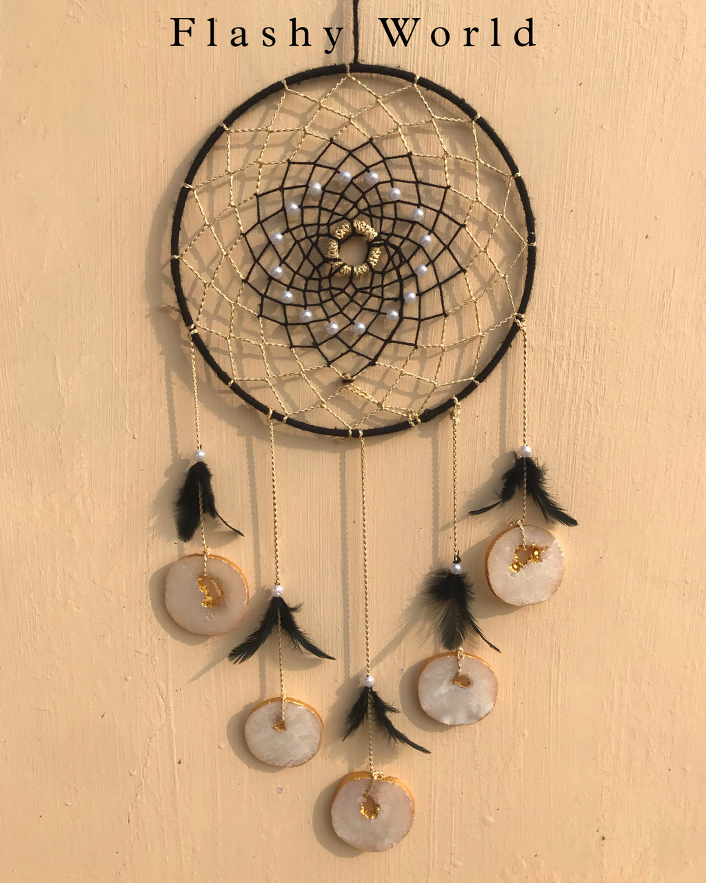 Handmade Dreamcatcher Wall Hanging with Natural Agate Coasters & Feathers – Boho Woolen Decor for Positive Energy & Gifting
