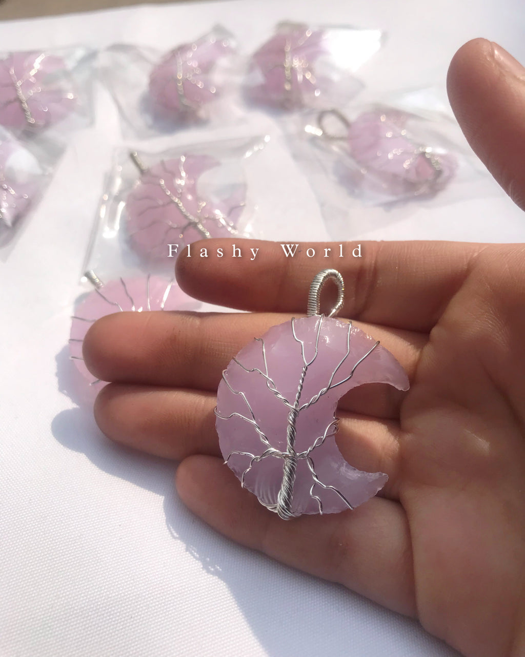 Rose Quartz Moon Pendant – Silver Wire Wrapped Crystal Necklace with Free Chain | Love & Healing Stone Jewelry