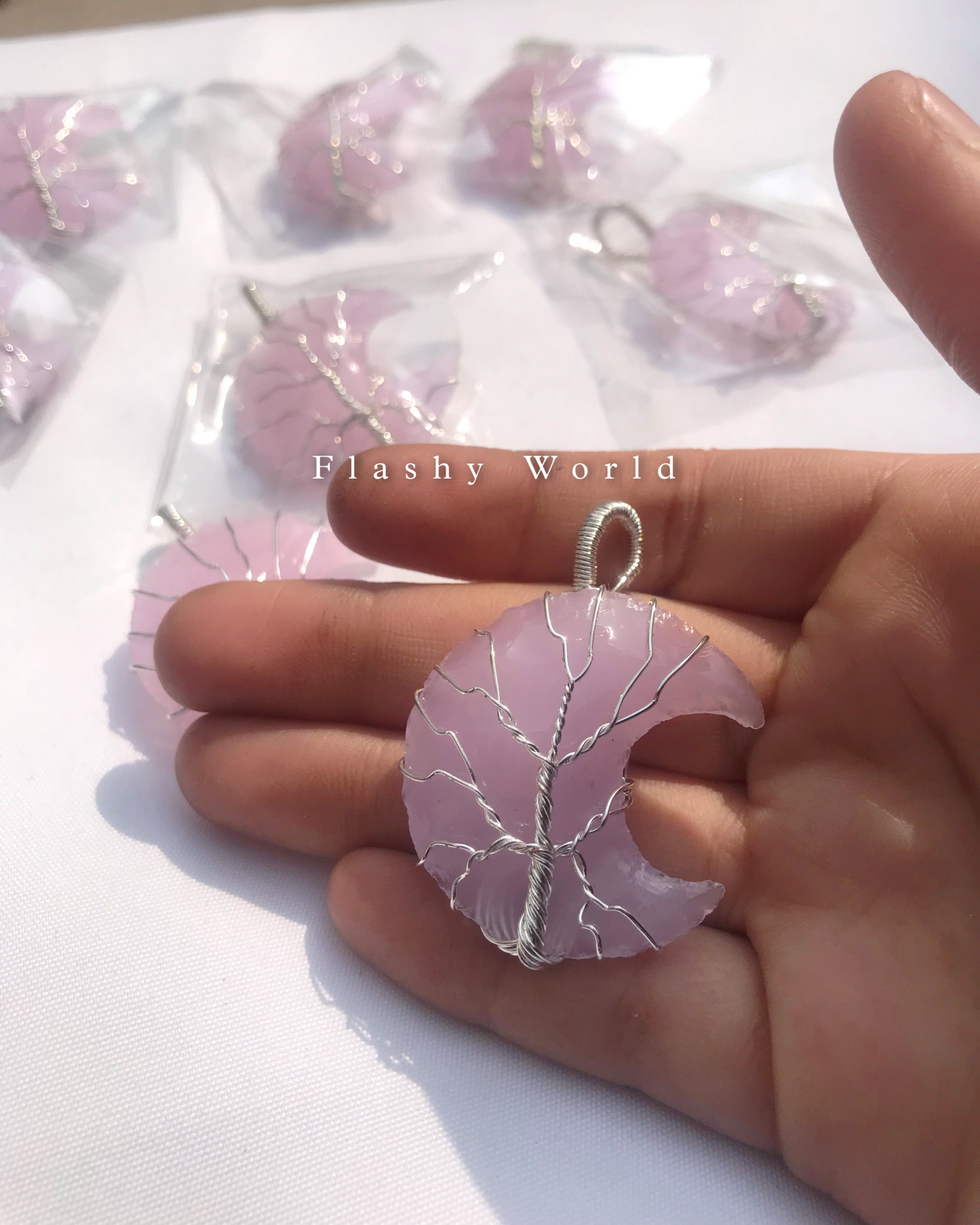 Rose Quartz Moon Pendant – Silver Wire Wrapped Crystal Necklace with Free Chain | Love & Healing Stone Jewelry