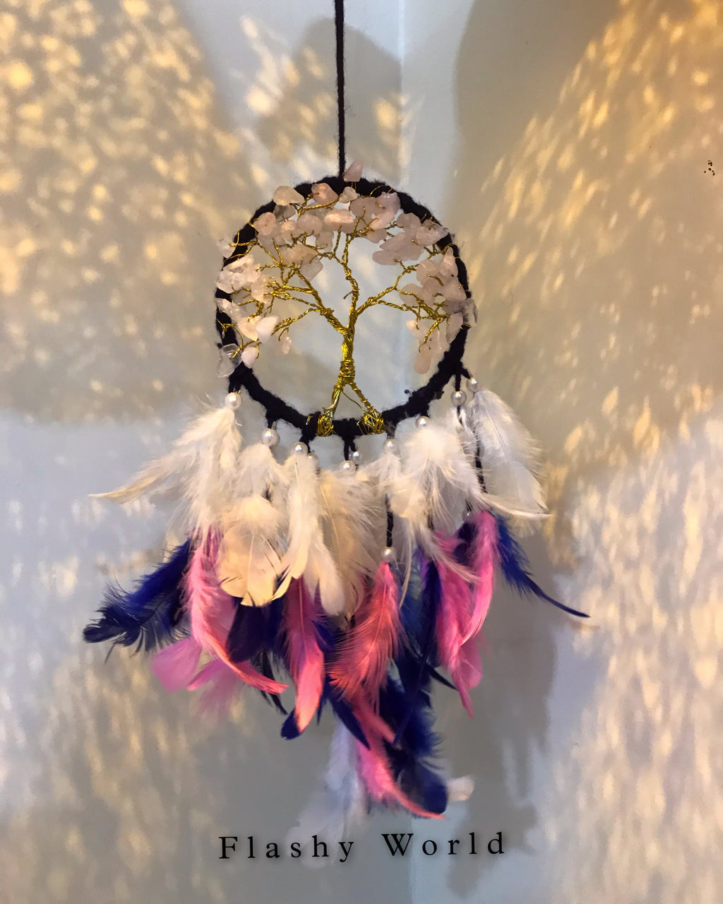 Mini Rose Quartz Tree of Life Dreamcatcher for Car Hanging – Pink Blue White Feather & Natural Crystal Charm for Love, Peace & Gifting