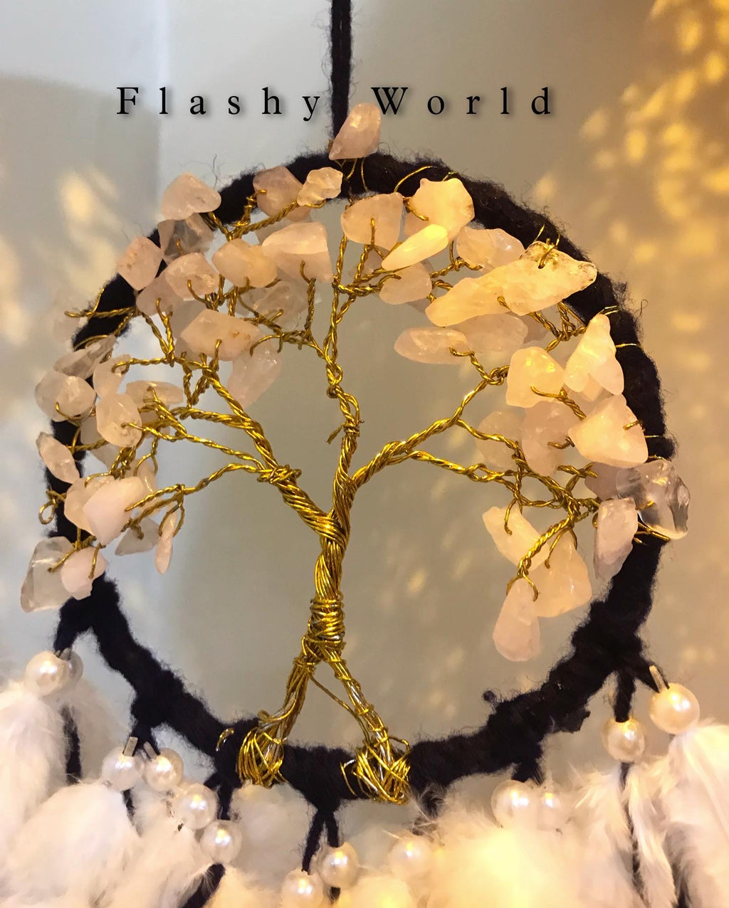 Mini Rose Quartz Tree of Life Dreamcatcher for Car Hanging – Pink Blue White Feather & Natural Crystal Charm for Love, Peace & Gifting
