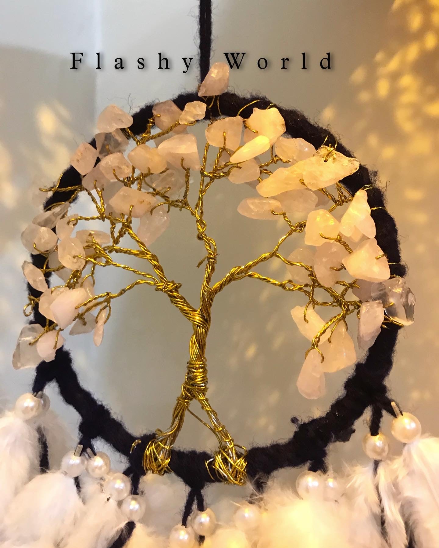 Mini Rose Quartz Tree of Life Dreamcatcher for Car Hanging – Pink Blue White Feather & Natural Crystal Charm for Love, Peace & Gifting