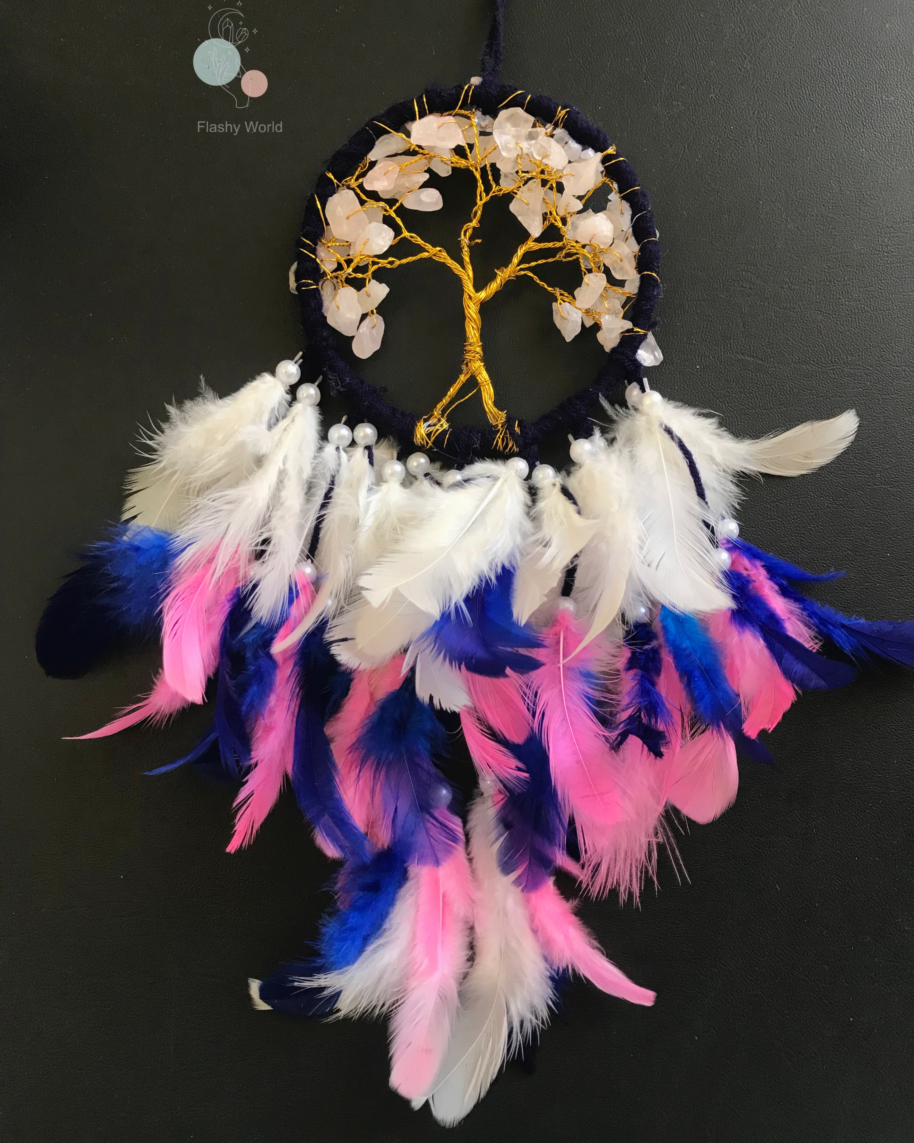 Mini Rose Quartz Tree of Life Dreamcatcher for Car Hanging – Pink Blue White Feather & Natural Crystal Charm for Love, Peace & Gifting