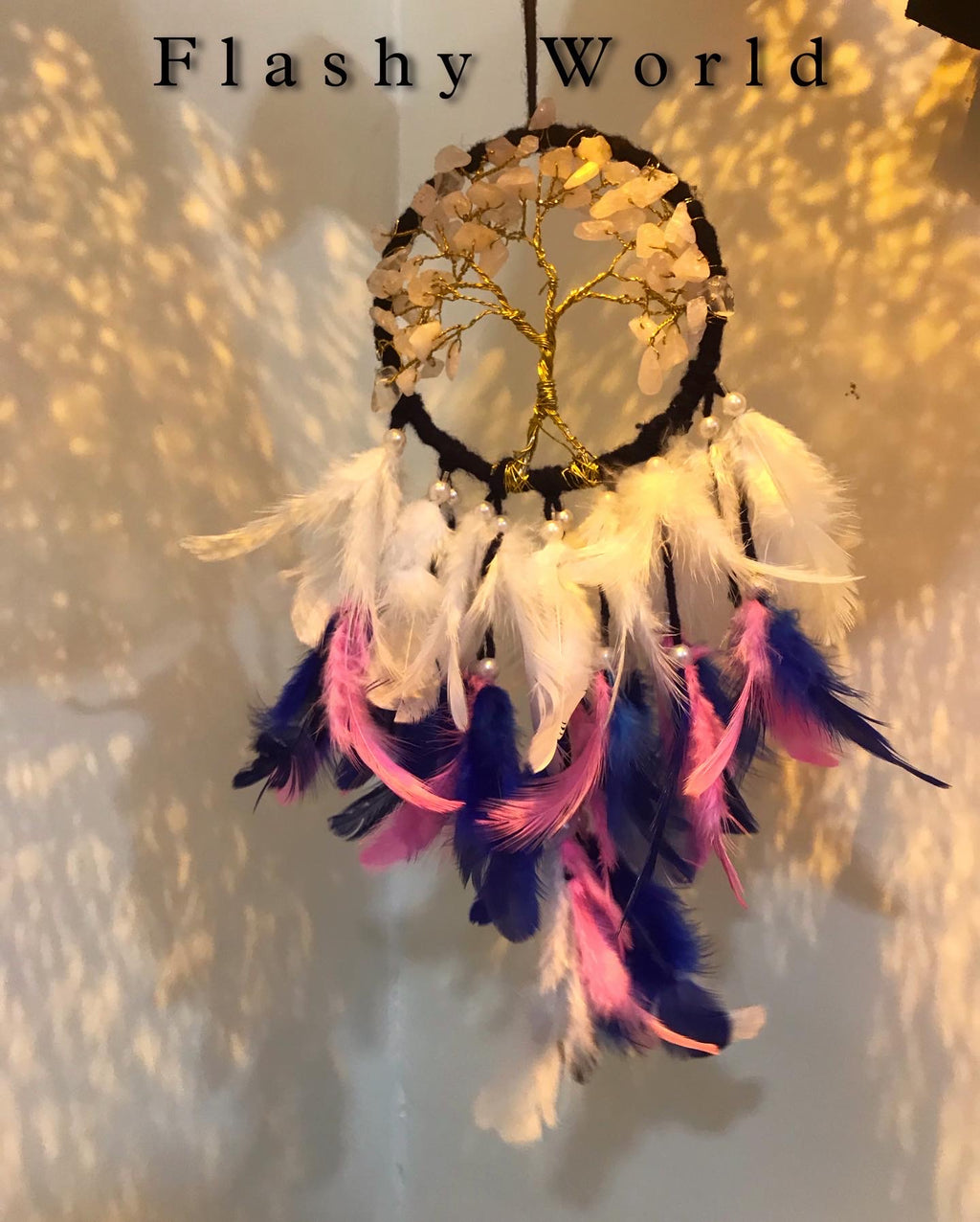 Mini Rose Quartz Tree of Life Dreamcatcher for Car Hanging – Pink Blue White Feather & Natural Crystal Charm for Love, Peace & Gifting
