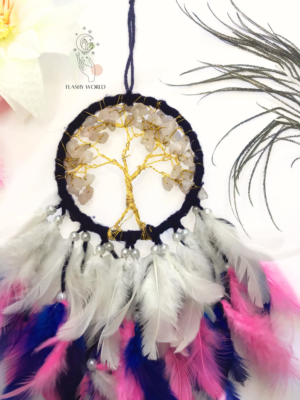 Mini Rose Quartz Tree of Life Dreamcatcher for Car Hanging – Pink Blue White Feather & Natural Crystal Charm for Love, Peace & Gifting