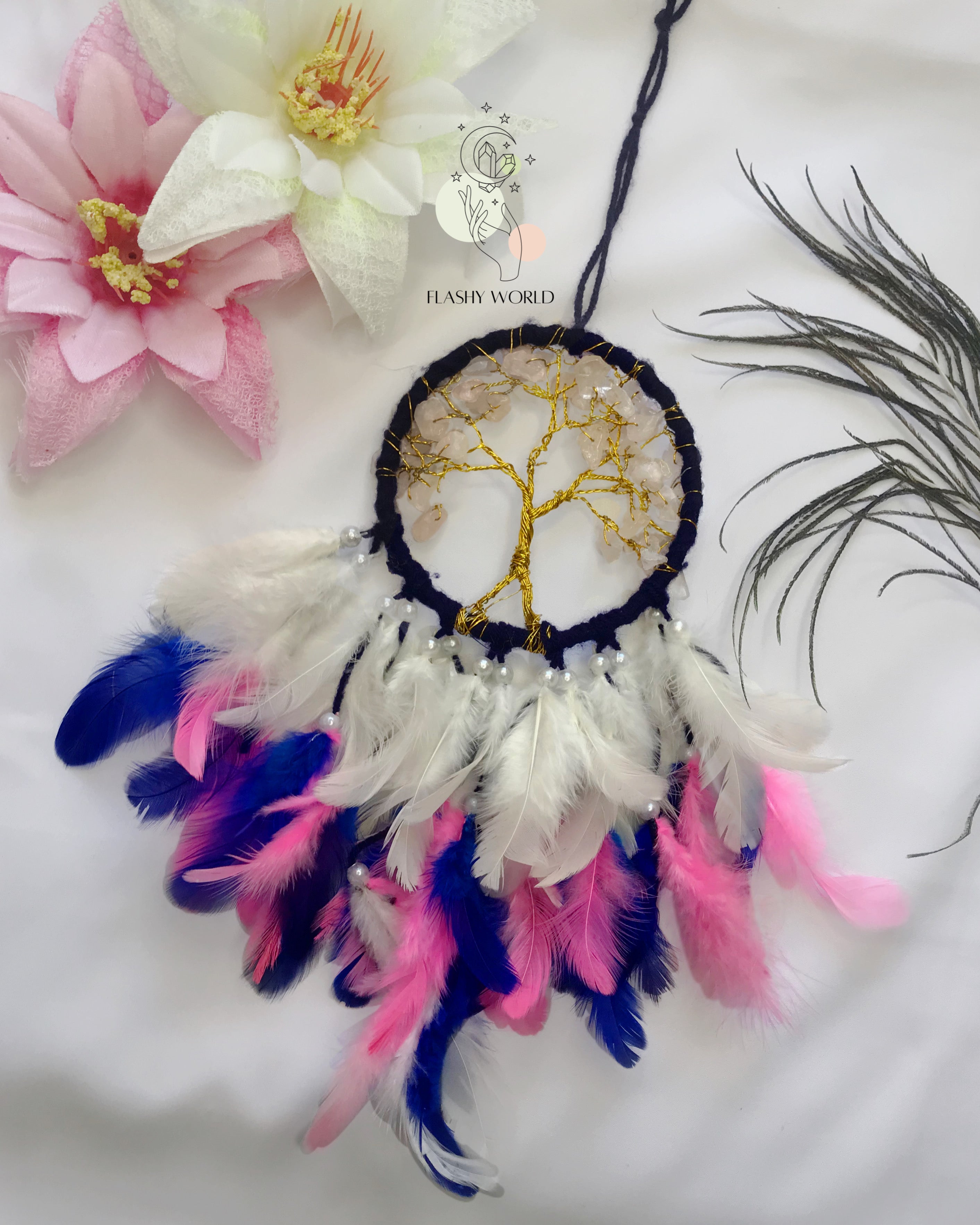 Mini Rose Quartz Tree of Life Dreamcatcher for Car Hanging – Pink Blue White Feather & Natural Crystal Charm for Love, Peace & Gifting